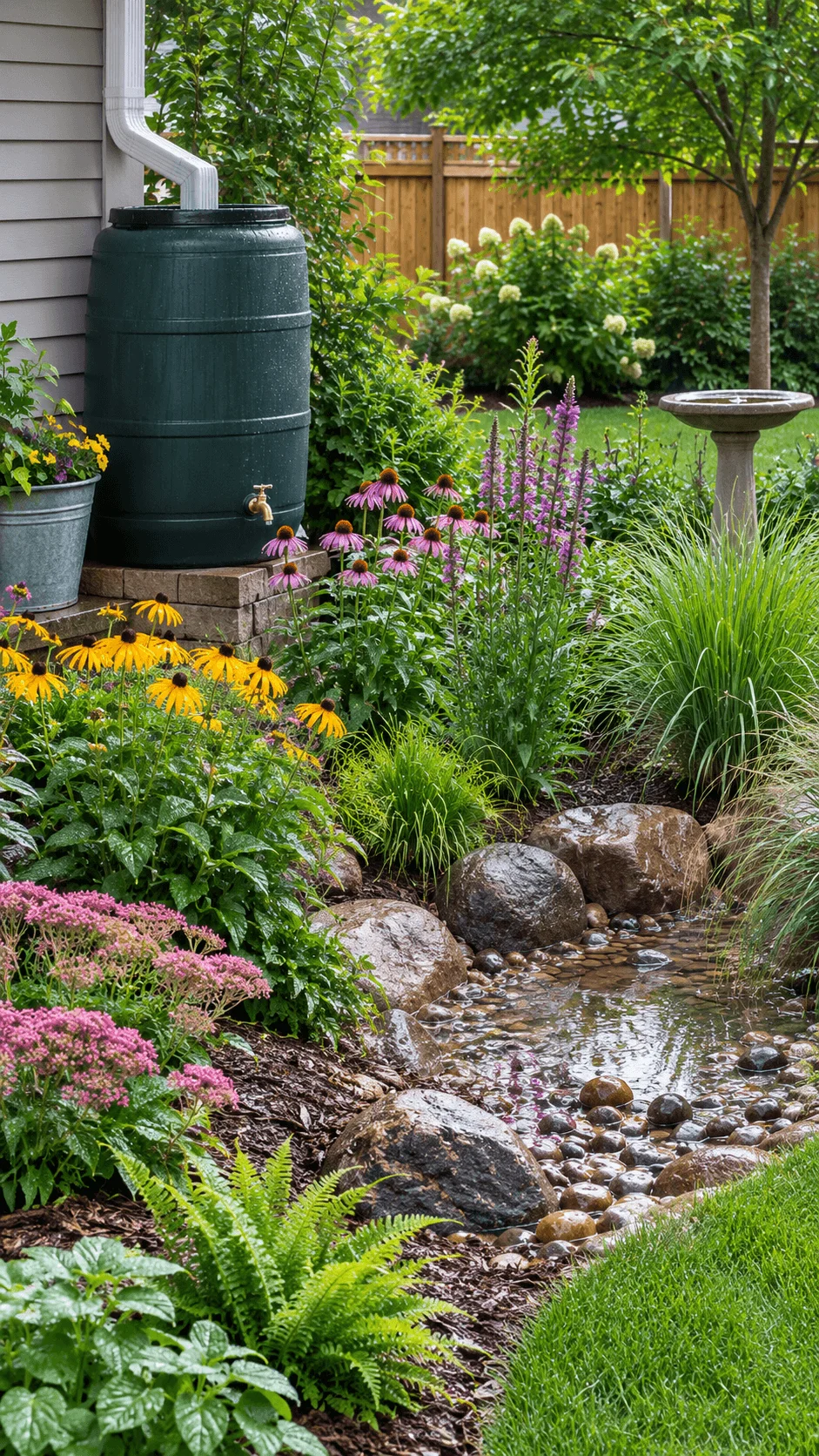 Rain garden with rain barrel, native flowers, ornamental grasses, birdbath, rocks, and a shallow water collection area beside a house
