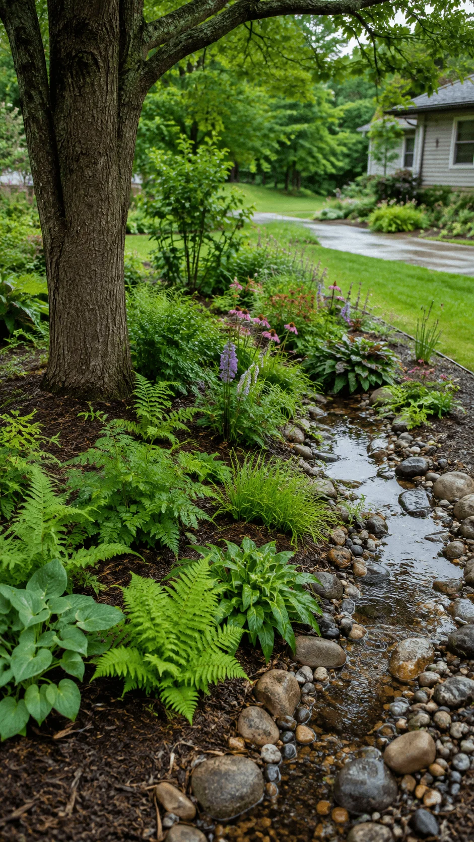 Rainwater friendly tree garden with ferns flowering plants groundcover and a natural stone lined stream for sustainable water management