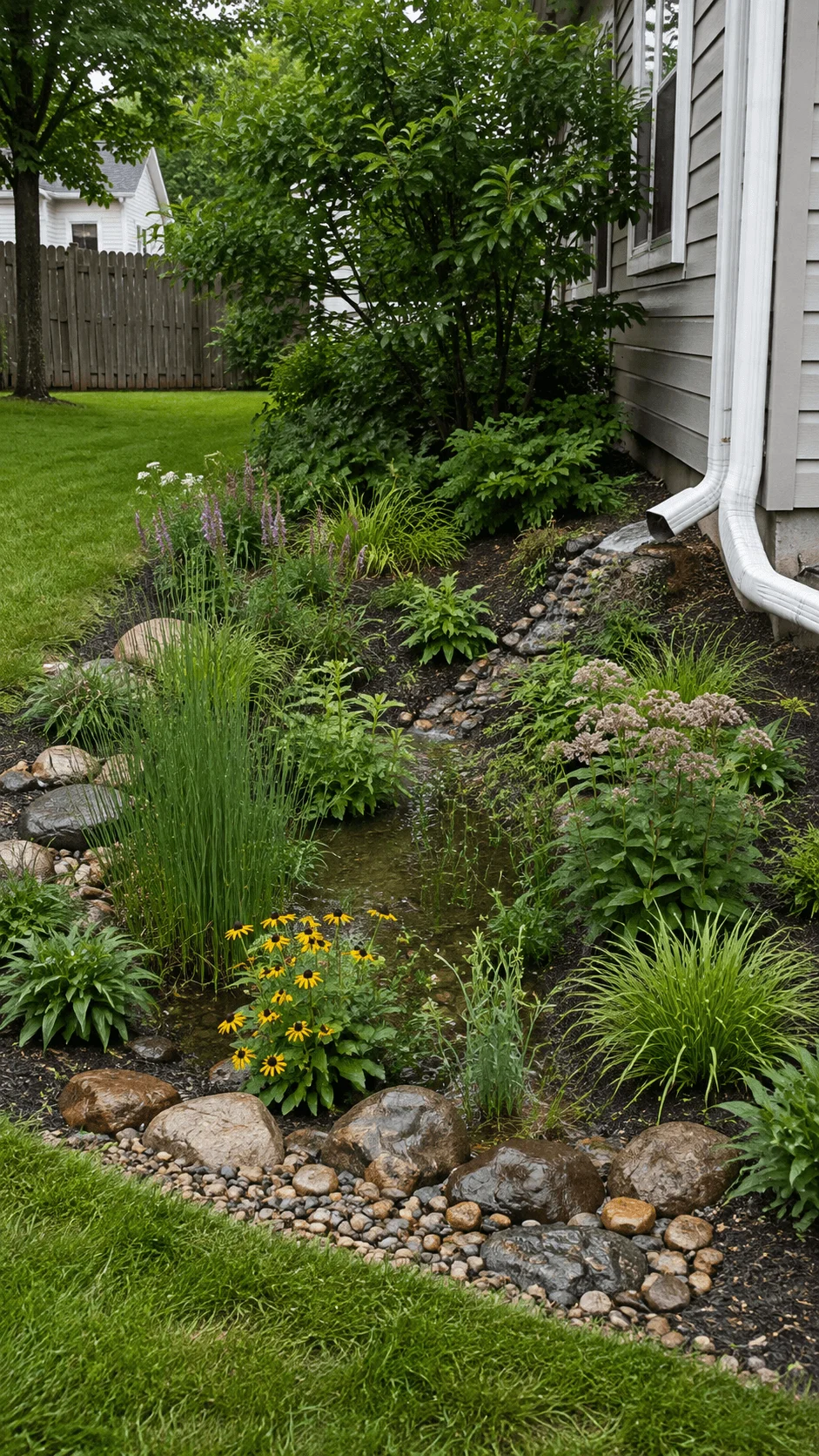 Small rain garden beside a house with downspout runoff native plants ornamental grasses yellow flowers rocks and shallow water collection area