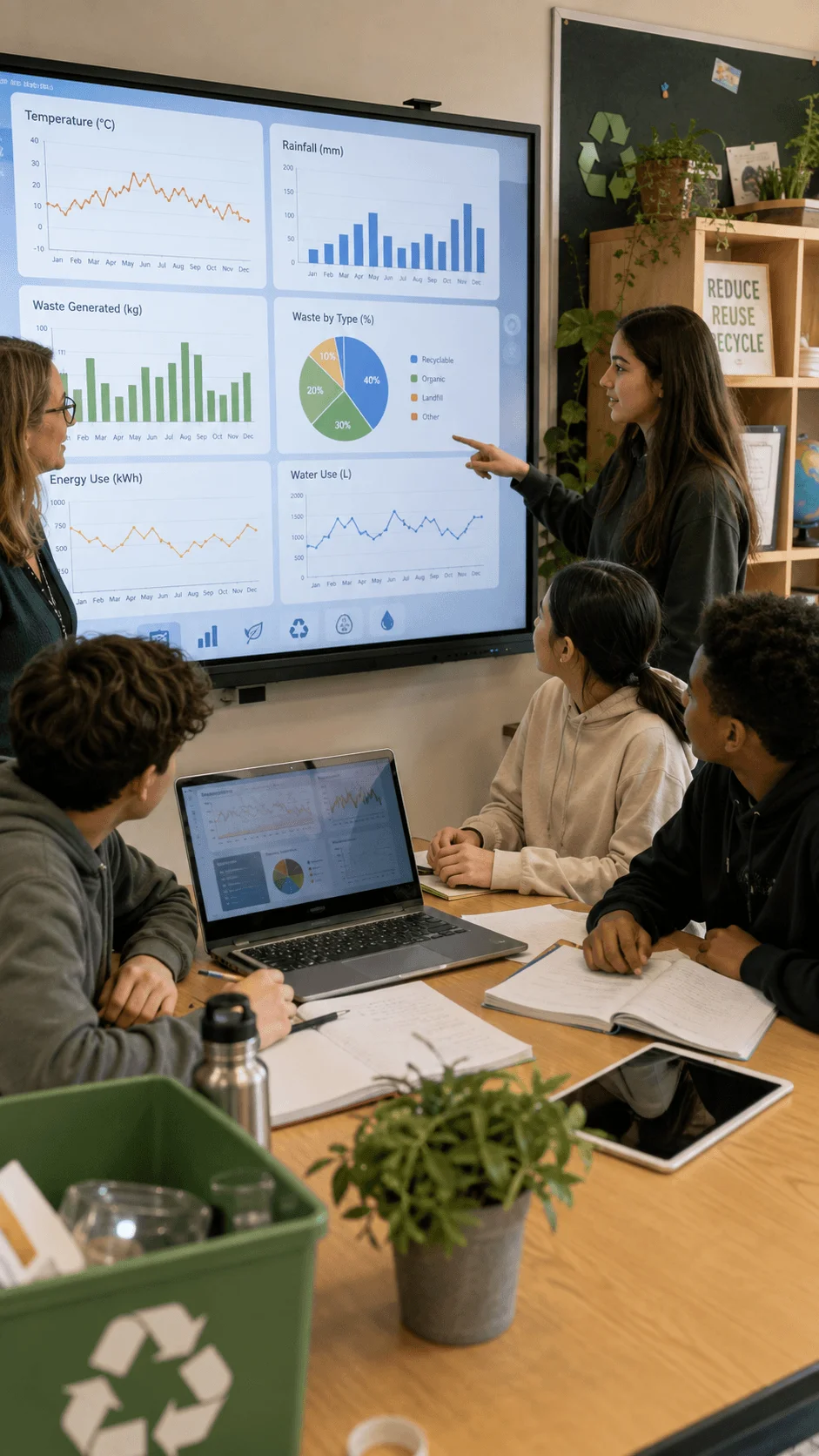 Students building a climate data dashboard by analyzing temperature rainfall waste energy and water use charts in a classroom