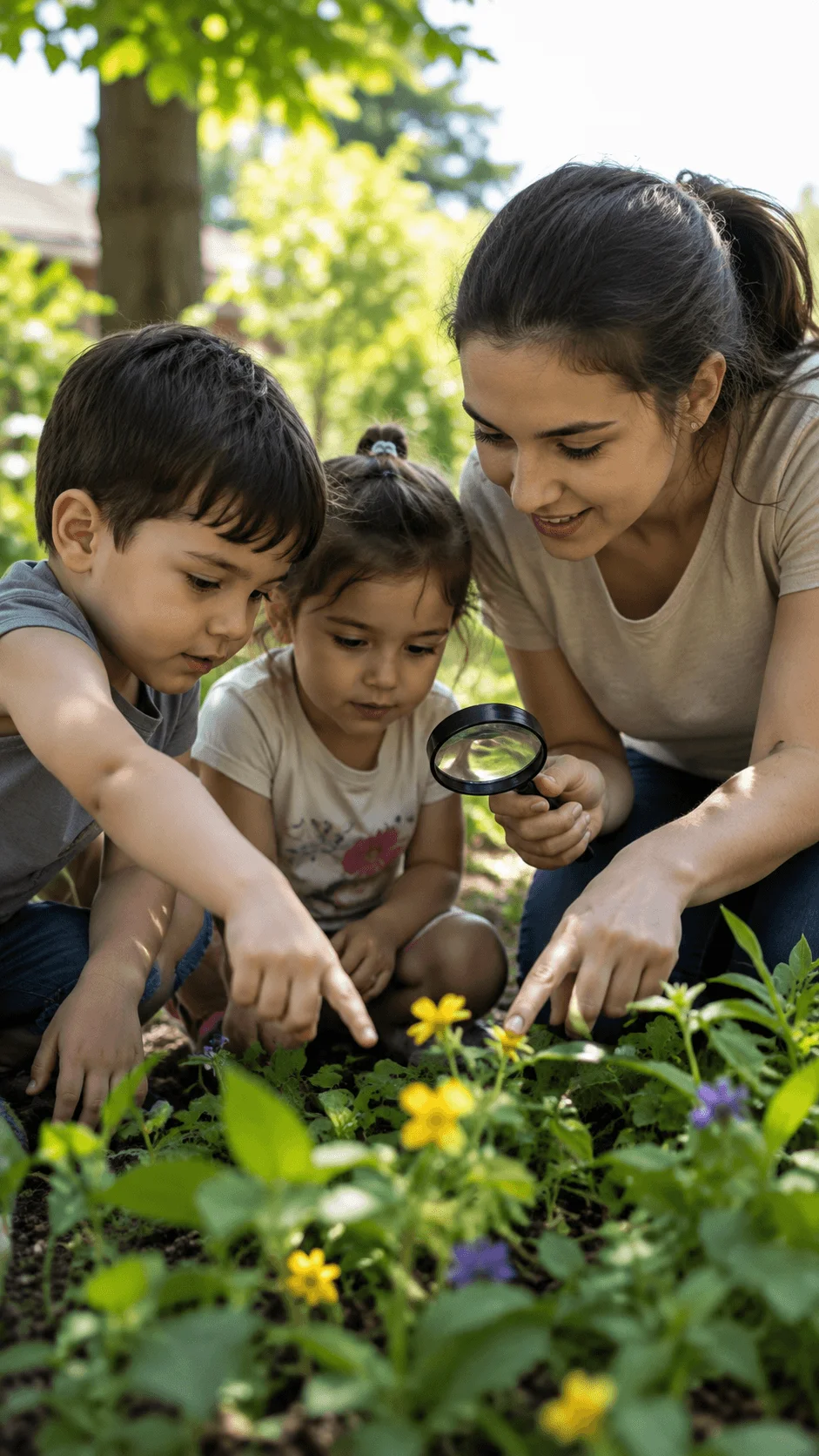 Children exploring plants and observing nature with an adult using a magnifying glass in a garden