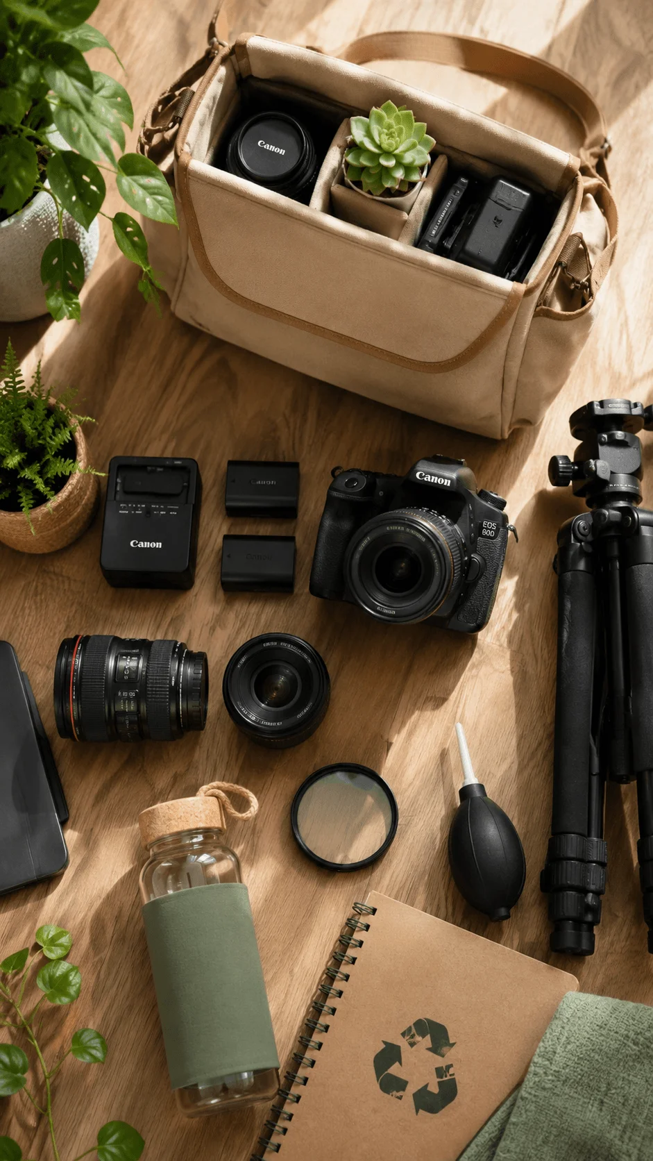 Sustainable photography toolkit with camera lenses tripod reusable bottle eco friendly bag and recycled notebook