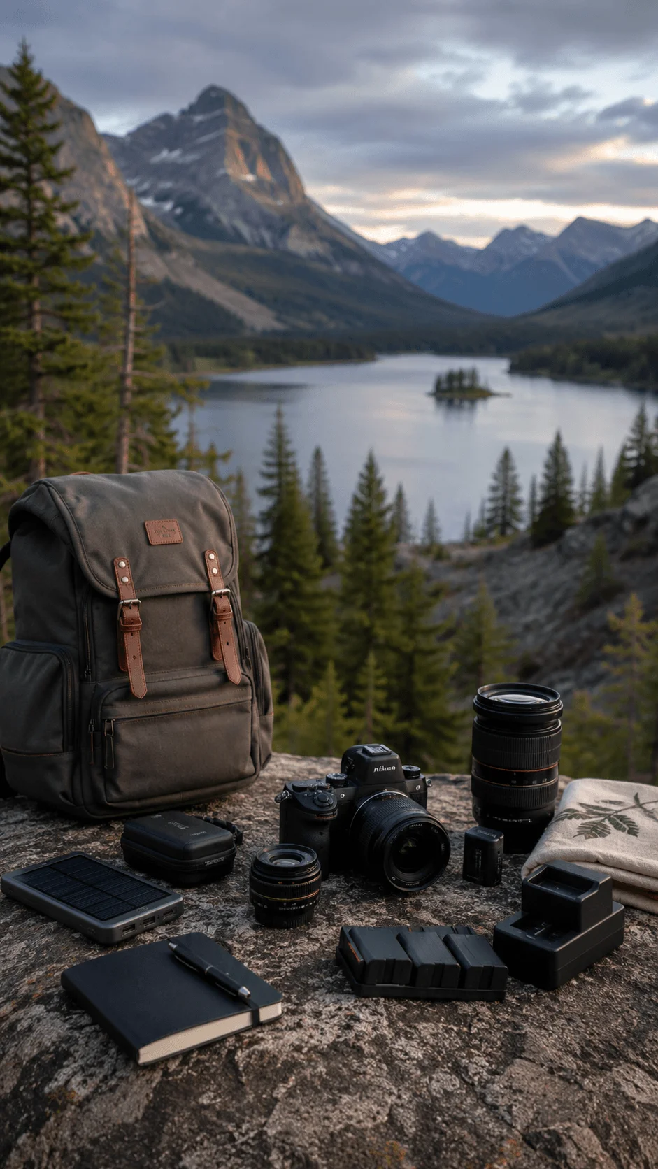 Sustainable photography workflow with camera equipment, reusable accessories, backpack, solar power bank, lenses, batteries, and notebook overlooking a mountain lake landscape.