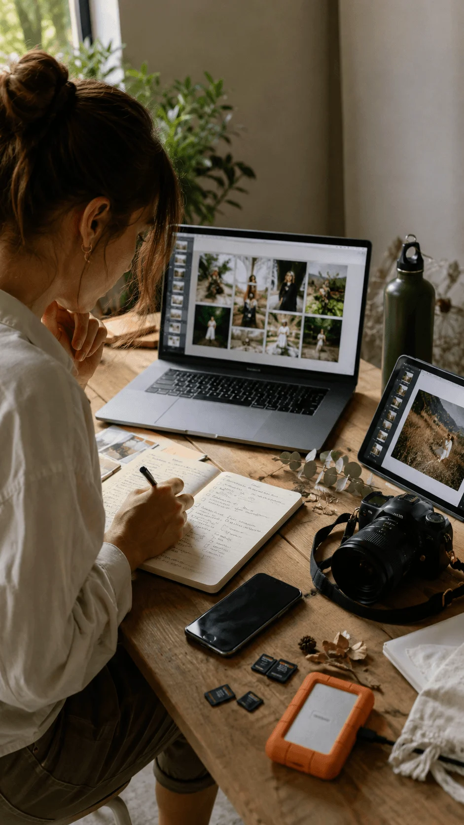 Photographer organizing an eco conscious workflow with camera, laptop, tablet, memory cards, notebook and sustainable creative tools on a wooden workspace