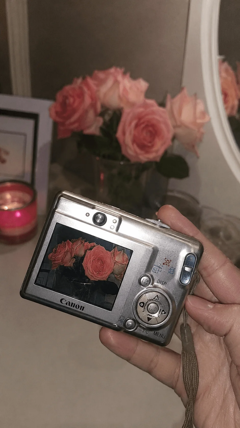 Person holding a compact digital camera displaying a photo of pink roses on its screen
