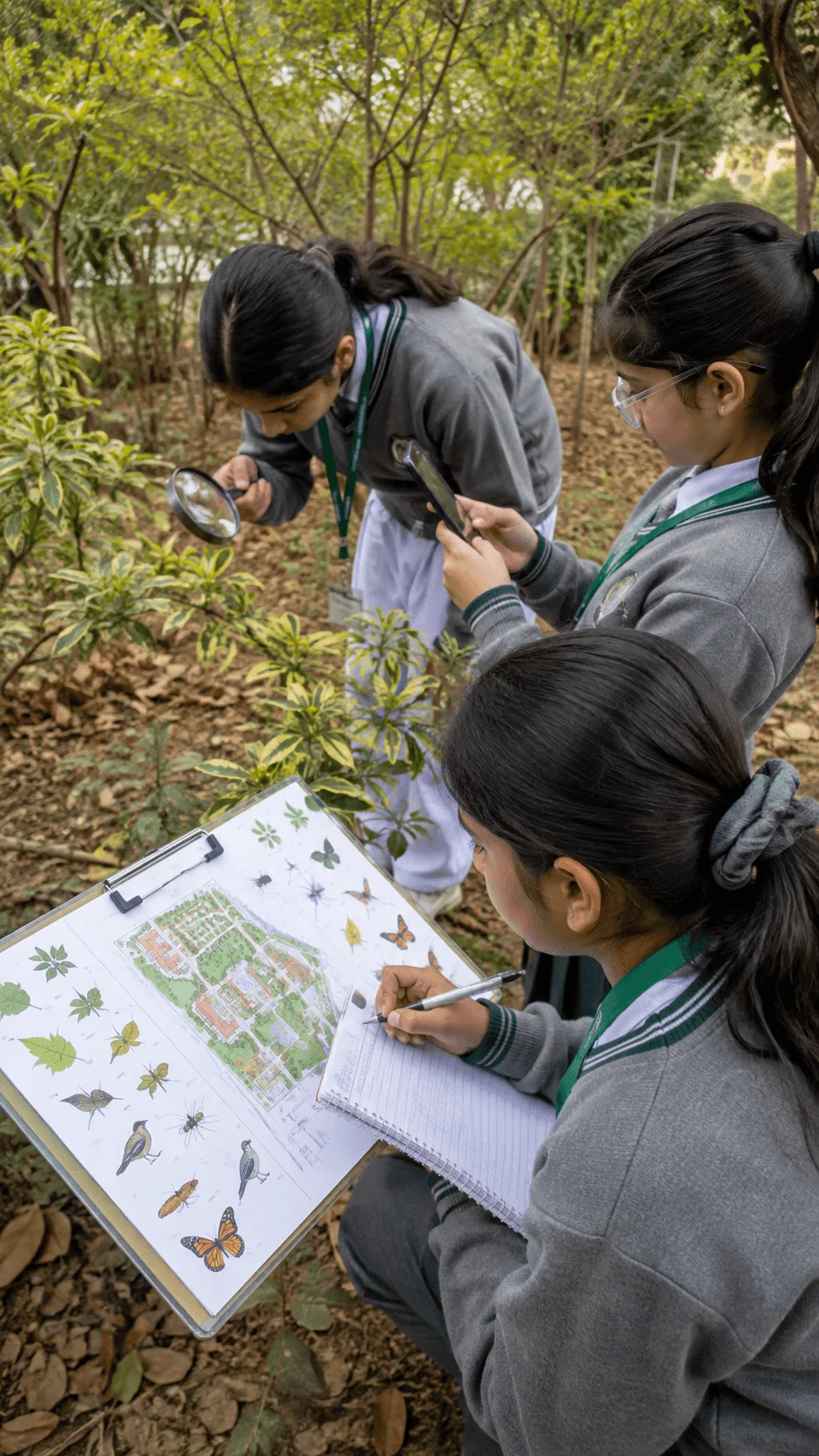 Students conducting a campus biodiversity survey by observing plants and insects and recording their findings