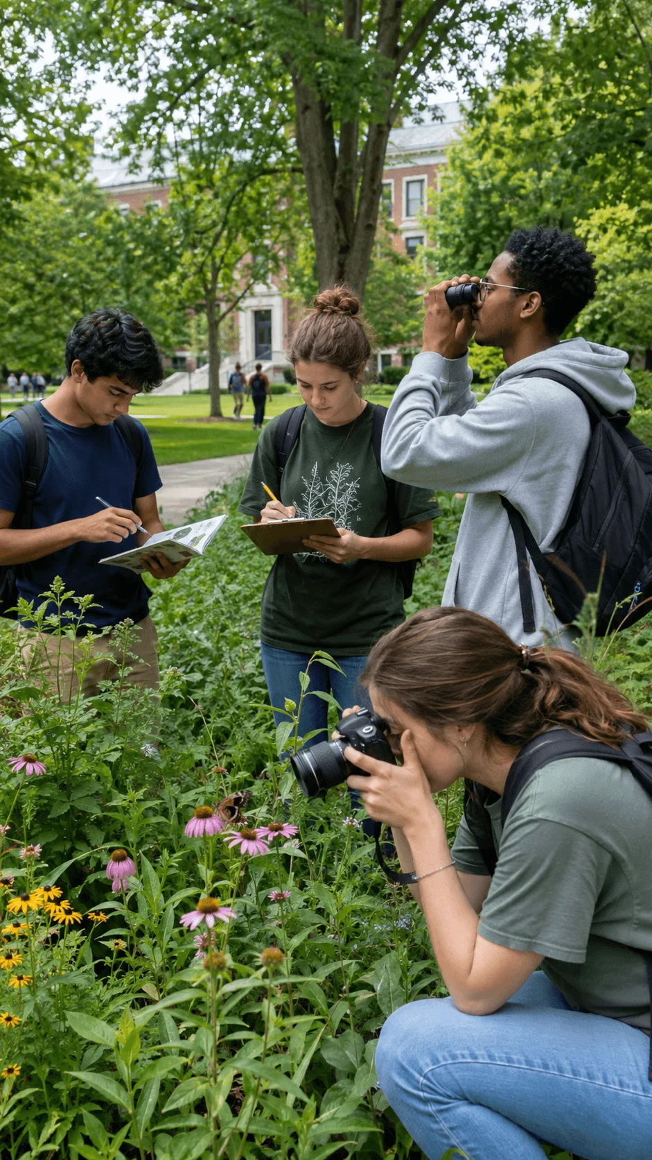 College students conducting a campus biodiversity survey by observing plants photographing wildlife and recording species in a garden