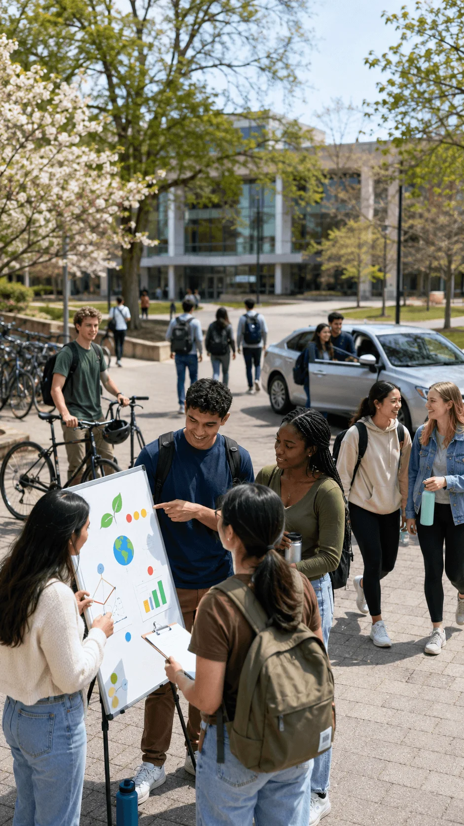College students participating in a campus carbon challenge with sustainability planning cycling carpooling and eco friendly transportation