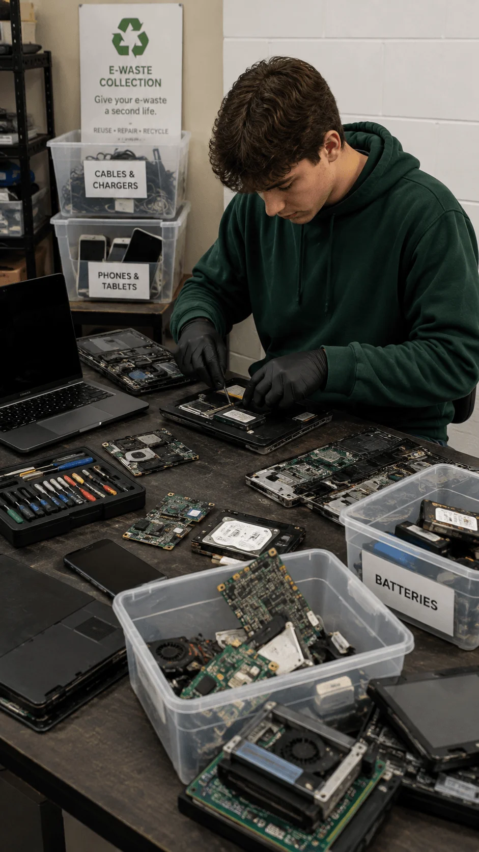 Campus e waste collection and refurbishing service with a student repairing and sorting old electronics for recycling