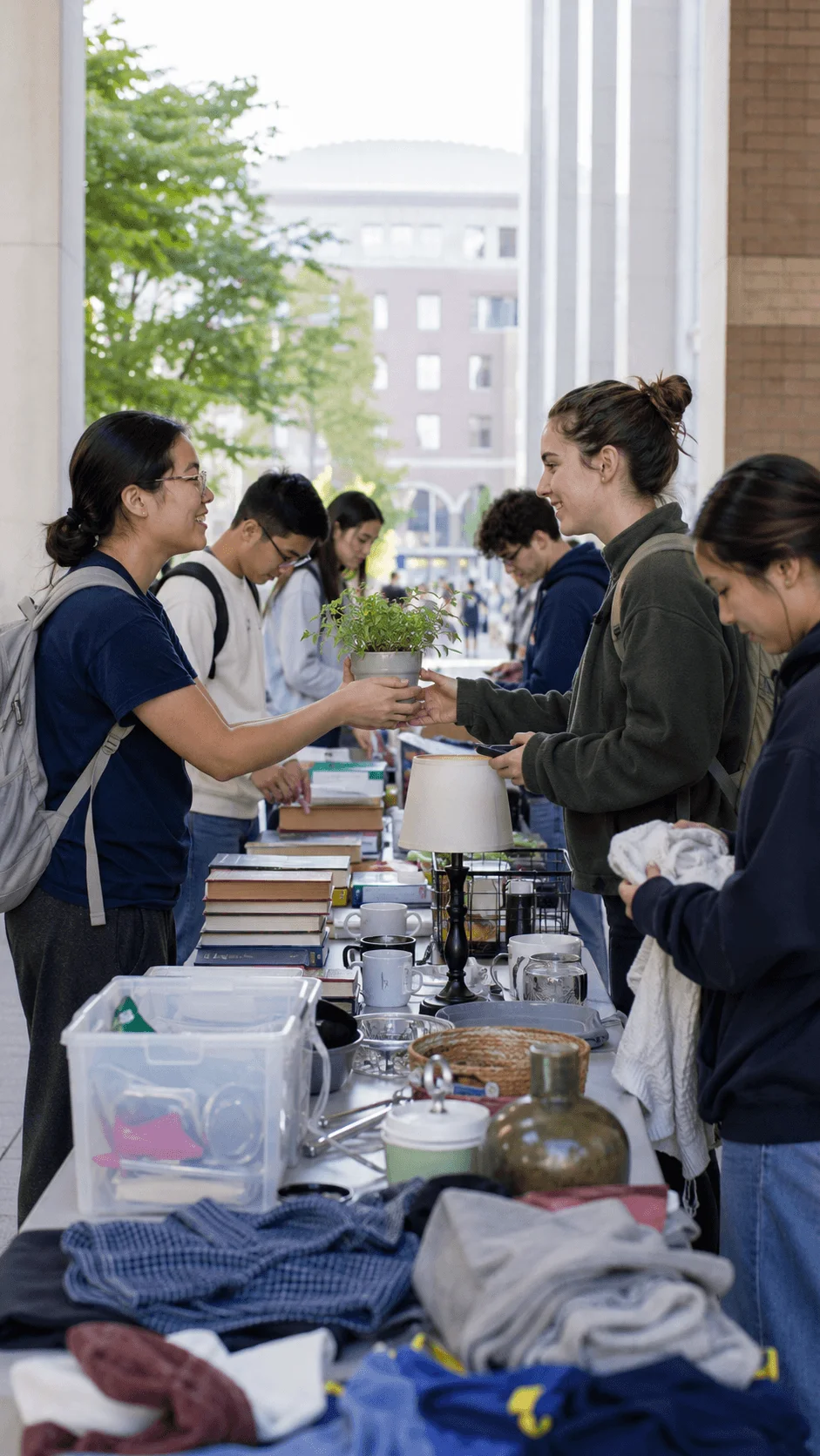 College students participating in a campus reuse marketplace exchanging books clothing household items and plants to support sustainable living