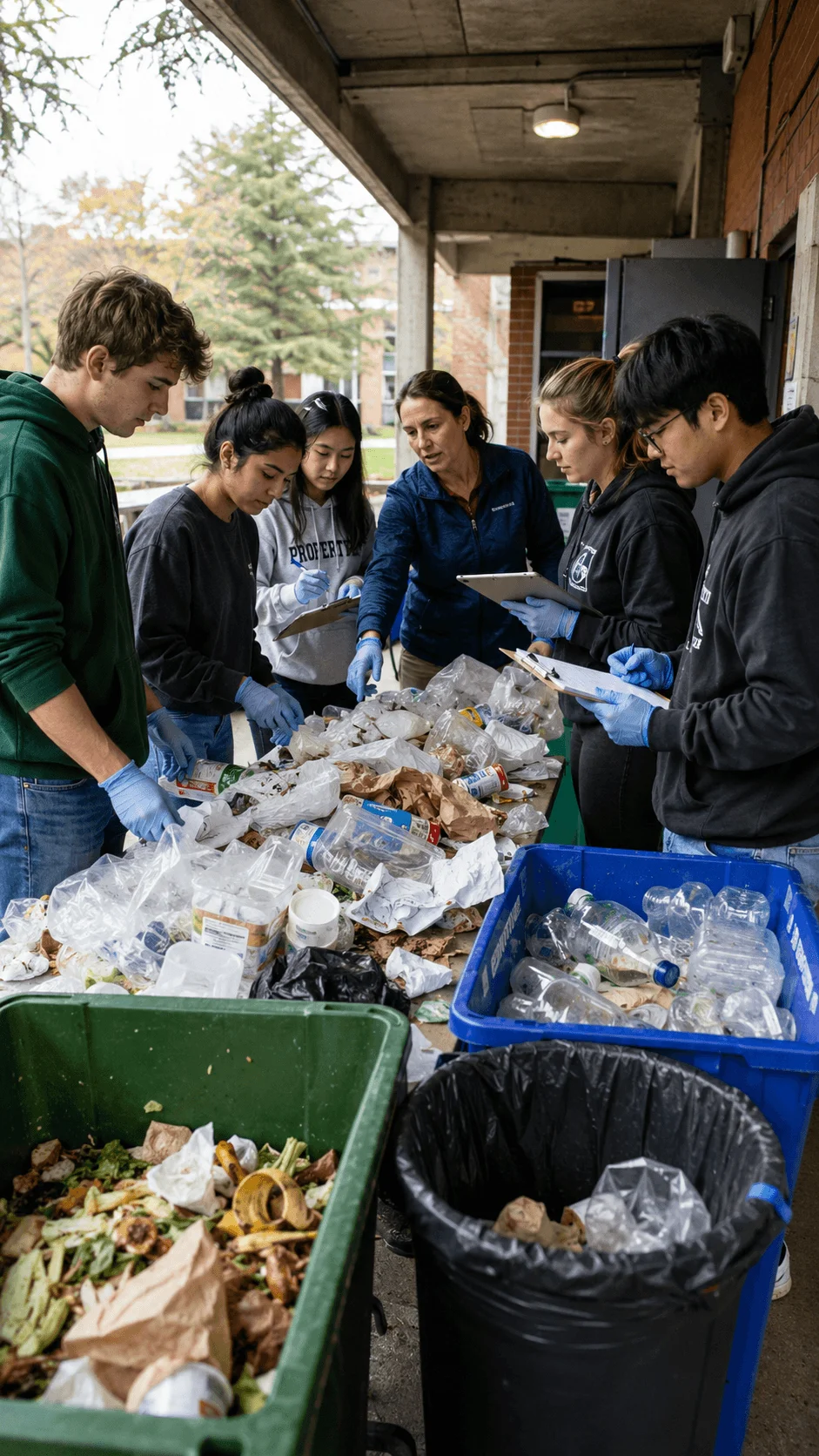 College students conducting a campus waste audit by sorting recycling food waste and trash while recording their findings