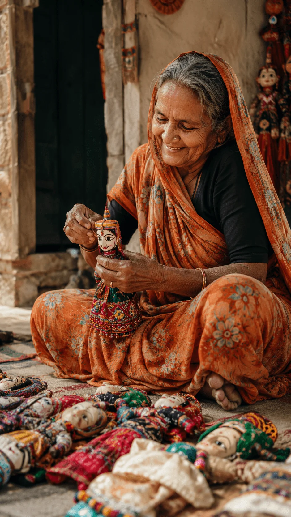 Respectful travel photography showing a local artisan creating traditional handmade dolls and preserving cultural craftsmanship