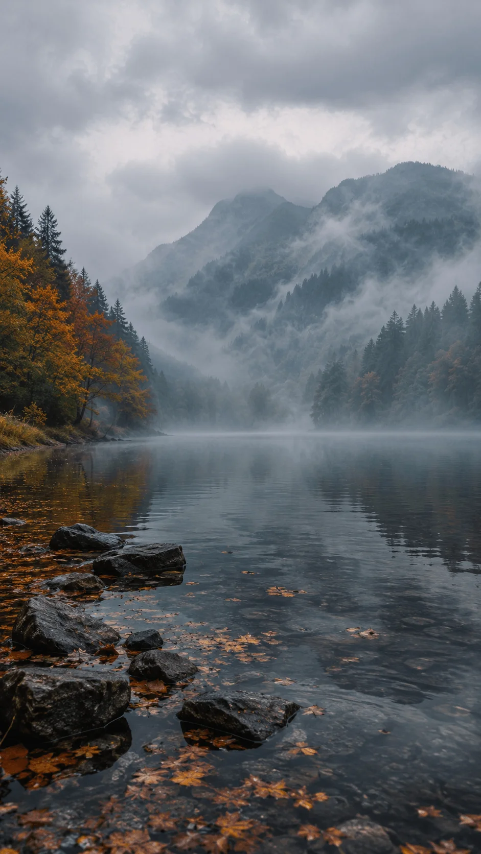 Misty mountain lake surrounded by evergreen forest autumn trees and dramatic storm clouds