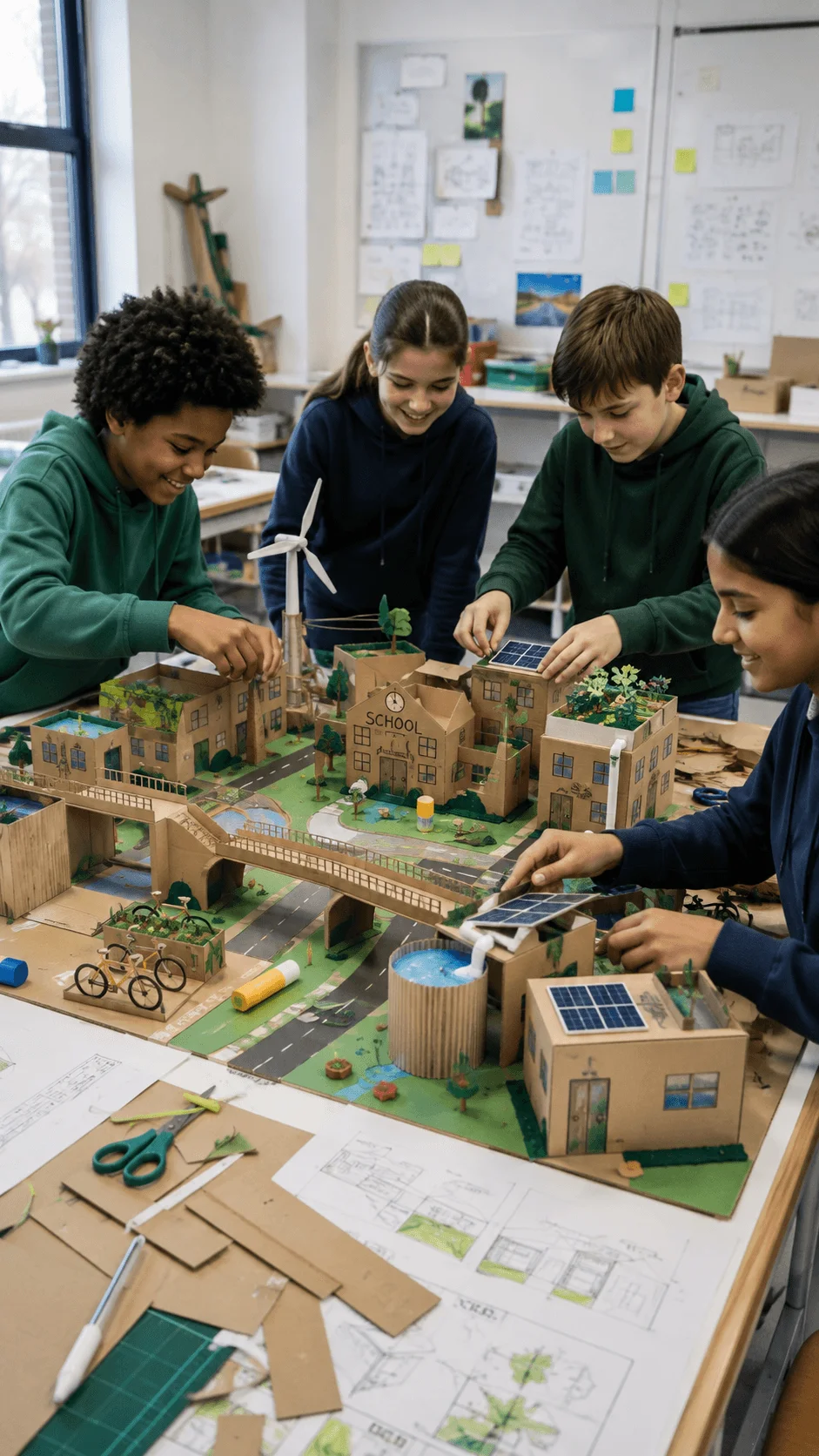 Students building a sustainable school model from recycled cardboard with solar panels wind turbines gardens and eco friendly features