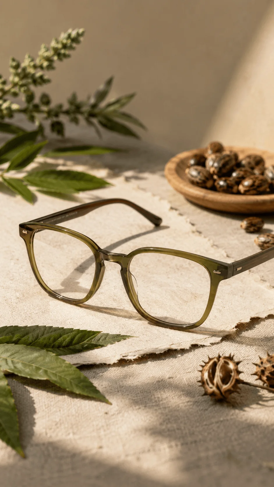 Castor seed based sustainable eyewear displayed on natural fabric with green leaves, dried seed pods, and warm sunlight
