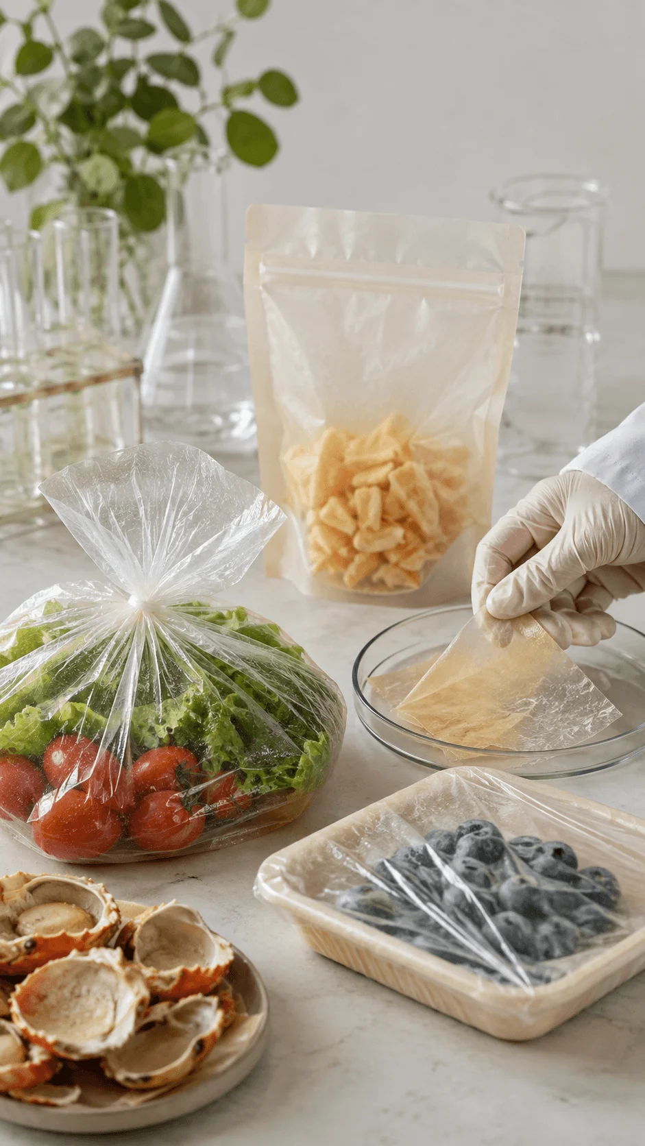 Chitosan based biodegradable food packaging with transparent films pouches and wraps made from natural shell derived materials