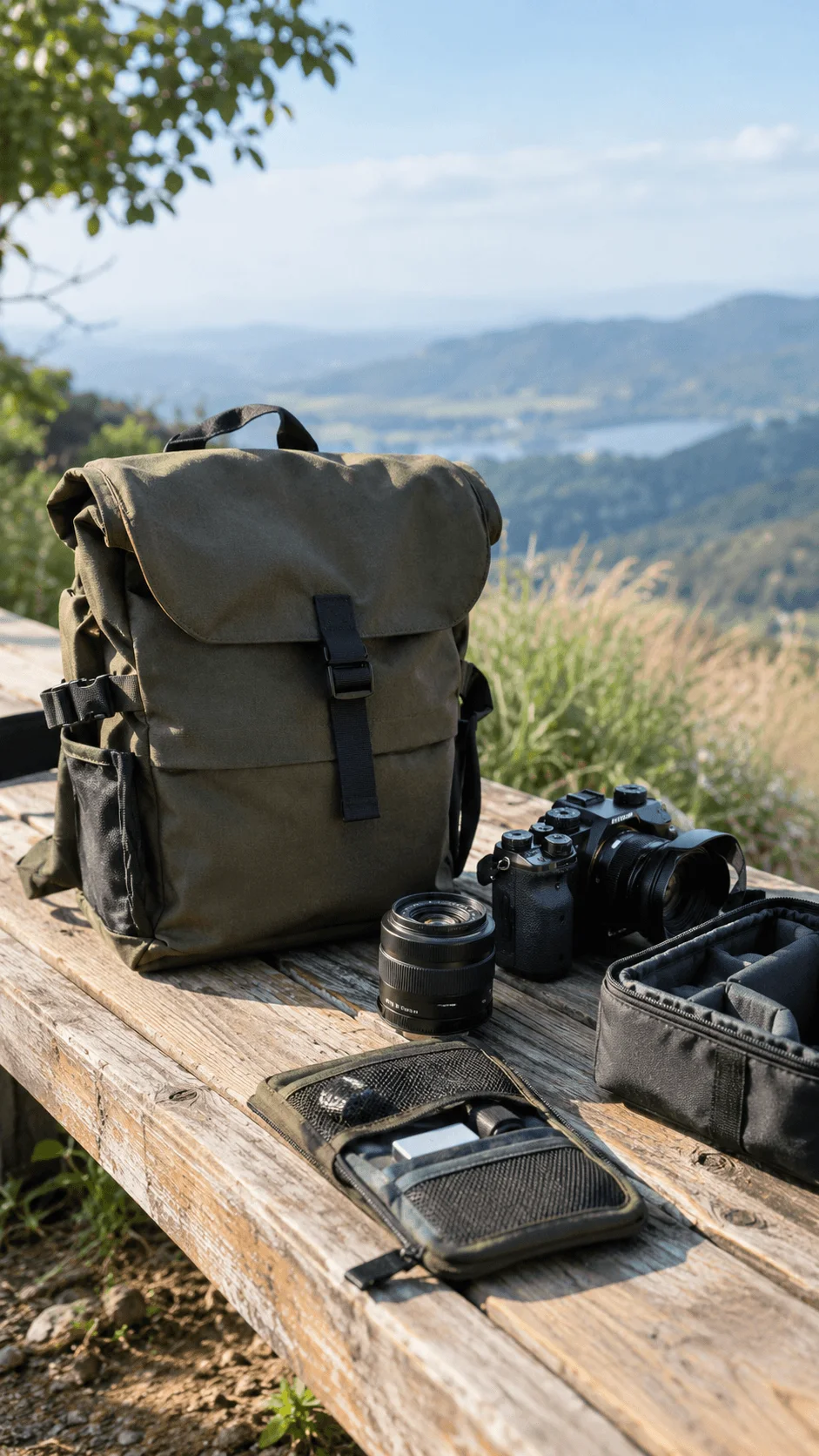 Durable camera bag with a camera, lenses, and accessories on a wooden bench overlooking a scenic mountain landscape
