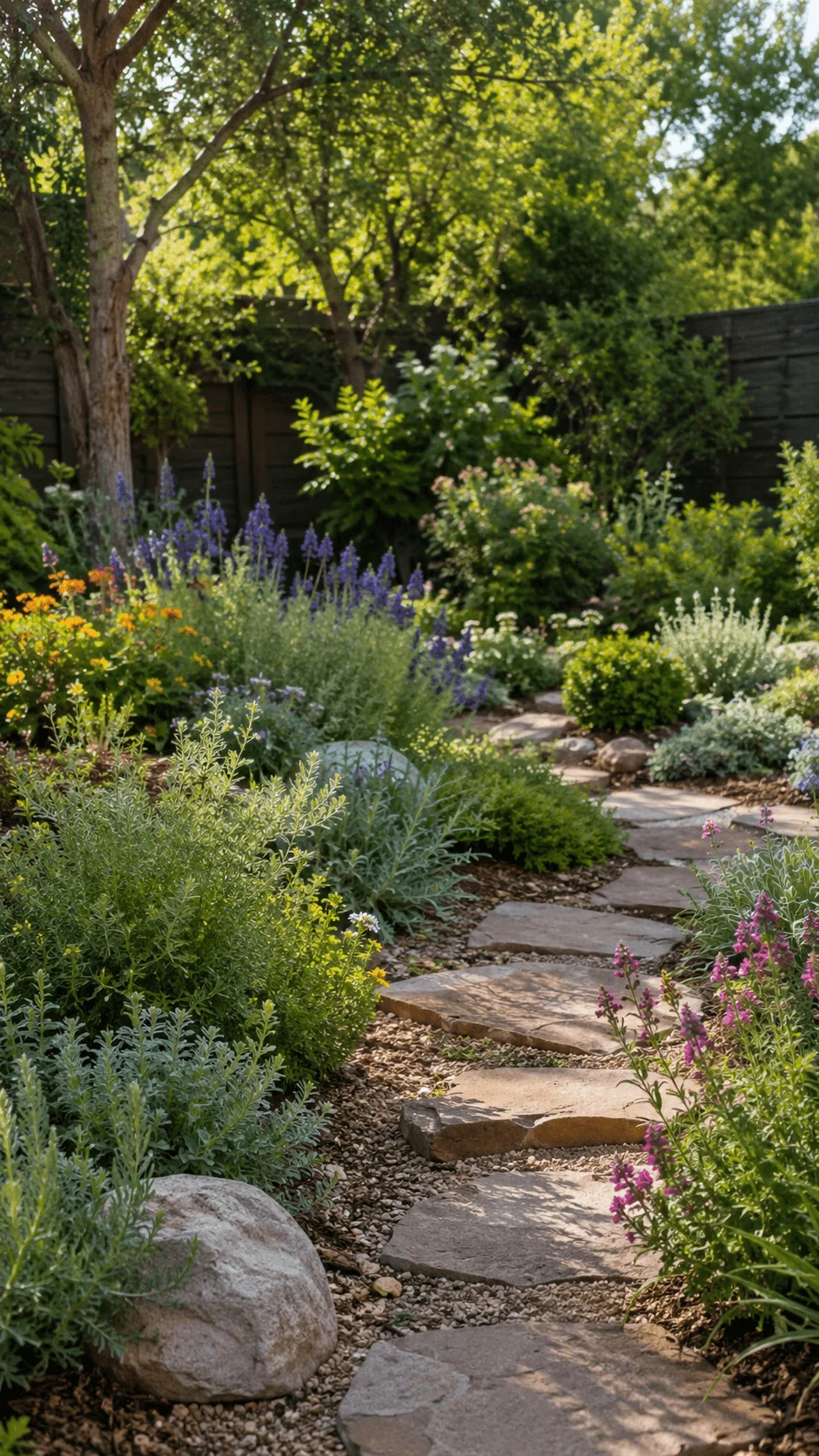 Climate resilient garden with drought tolerant plants colorful flowers native shrubs natural stone pathway and mature shade trees
