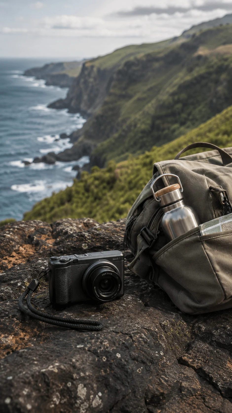 Compact camera and travel backpack on a rocky coastal cliff overlooking green mountains and the ocean