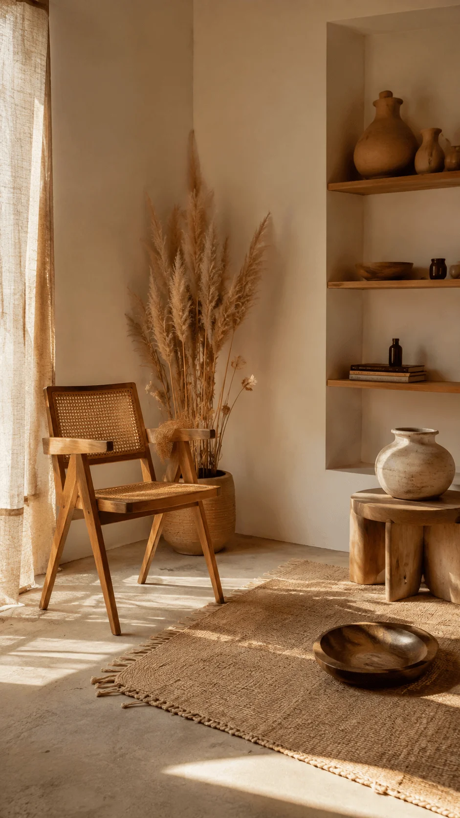 Earthy minimalist photography room with natural wood furniture, woven rug, ceramic pottery, dried grasses and warm sunlight