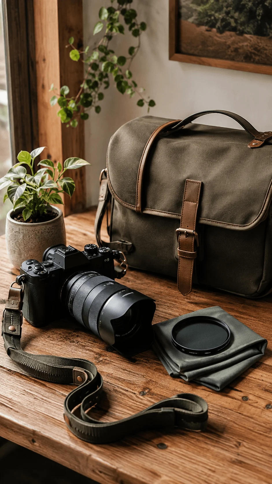 Mirrorless camera with a zoom lens beside a durable camera bag reusable cloth protective filter strap and green plants on a wooden table