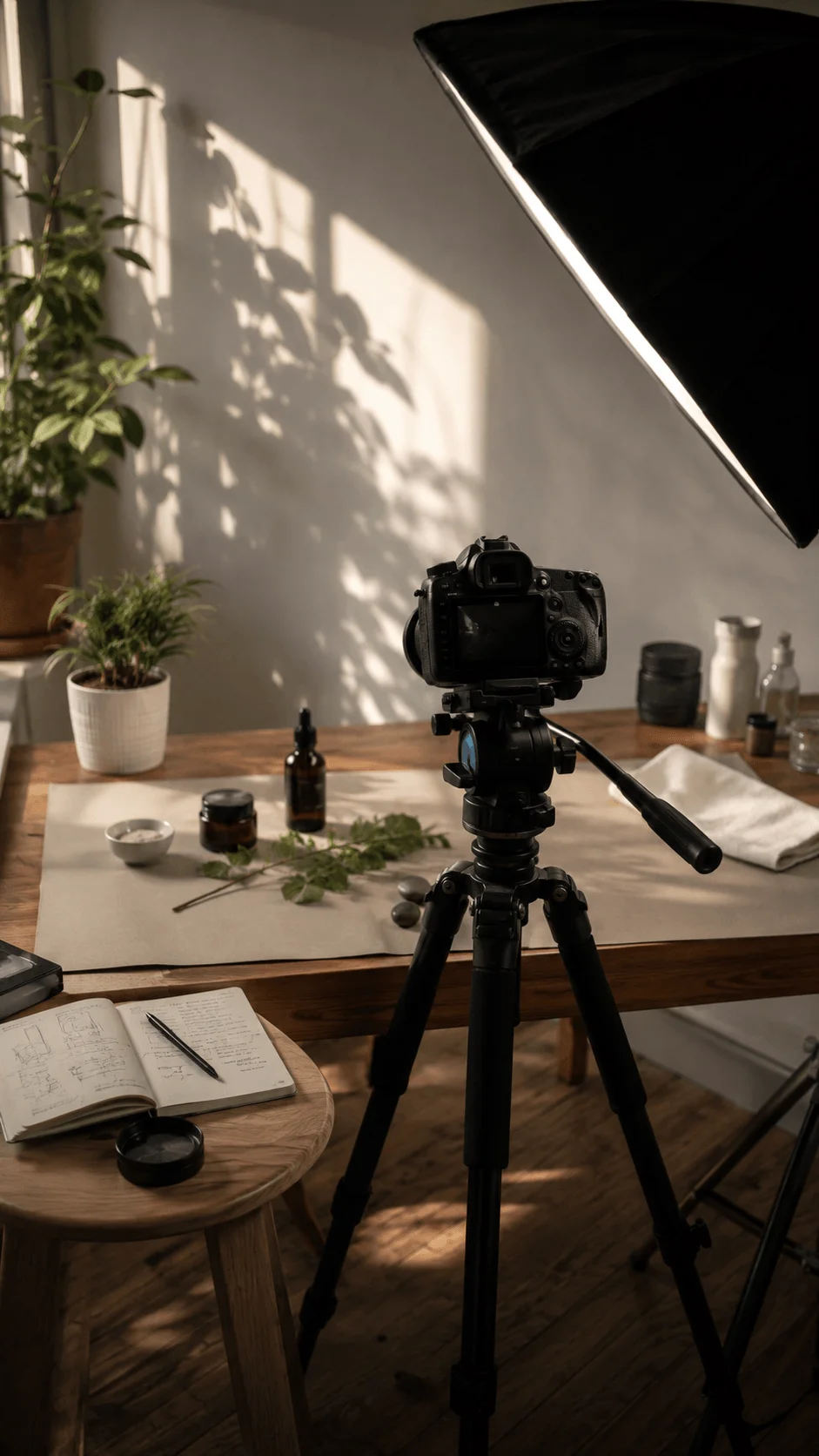 Choosing the right sustainable lighting technique for photography with a camera on a tripod, softbox, natural window light, indoor plants, and a minimalist tabletop setup