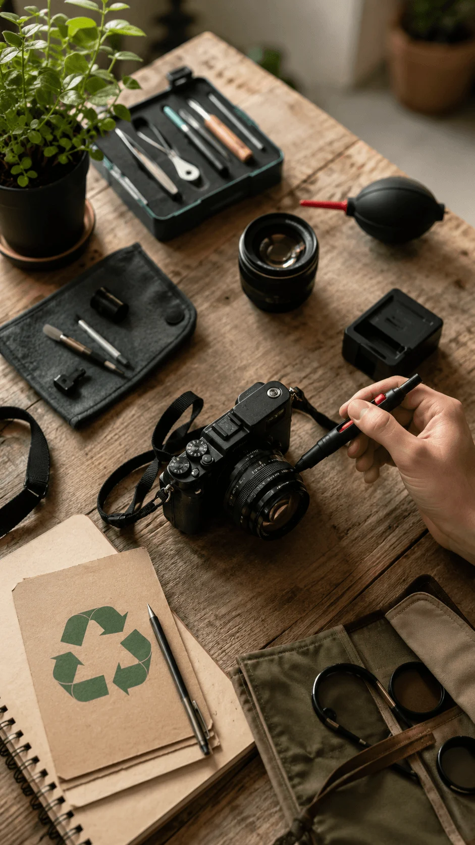 Circular photography gear with a durable camera, interchangeable lens, reusable cleaning tools, repair kit, storage pouches and recycling materials arranged on a wooden table