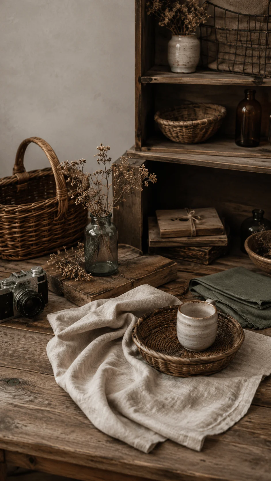 Circular prop sourcing for eco friendly photography with vintage camera, wicker baskets, ceramic cups, dried flowers, glass bottles, natural linen, and reclaimed wooden decor.