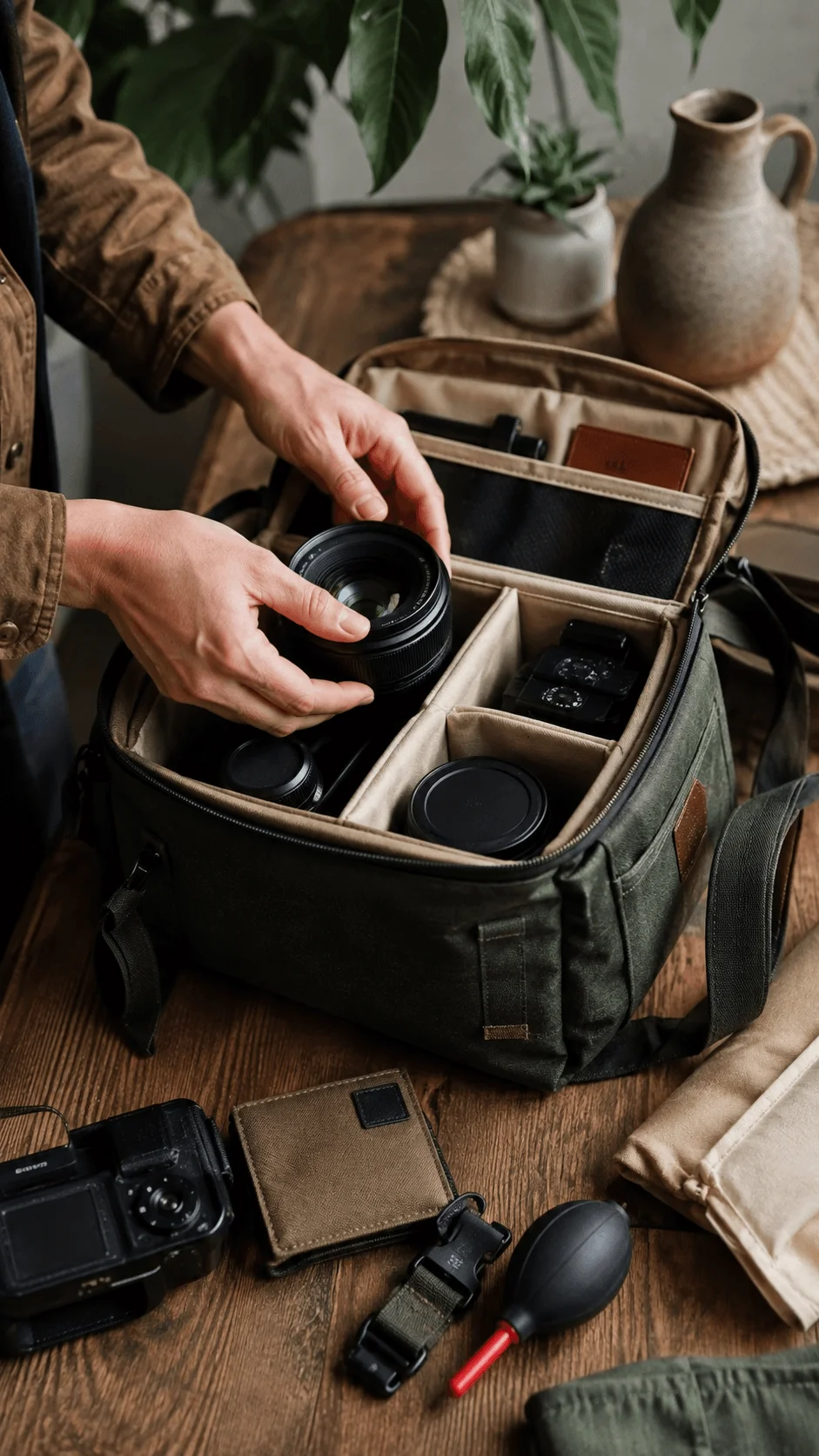 Person organizing camera lenses and photography equipment in a sustainable camera bag with padded compartments on a wooden table