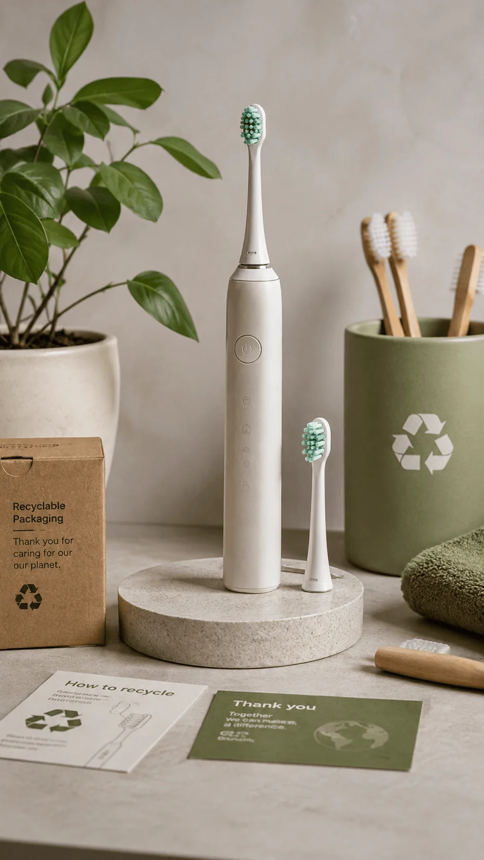 Circular and recyclable electric toothbrush system with replacement brush head recyclable packaging bamboo toothbrushes and recycling information in an eco friendly bathroom setting