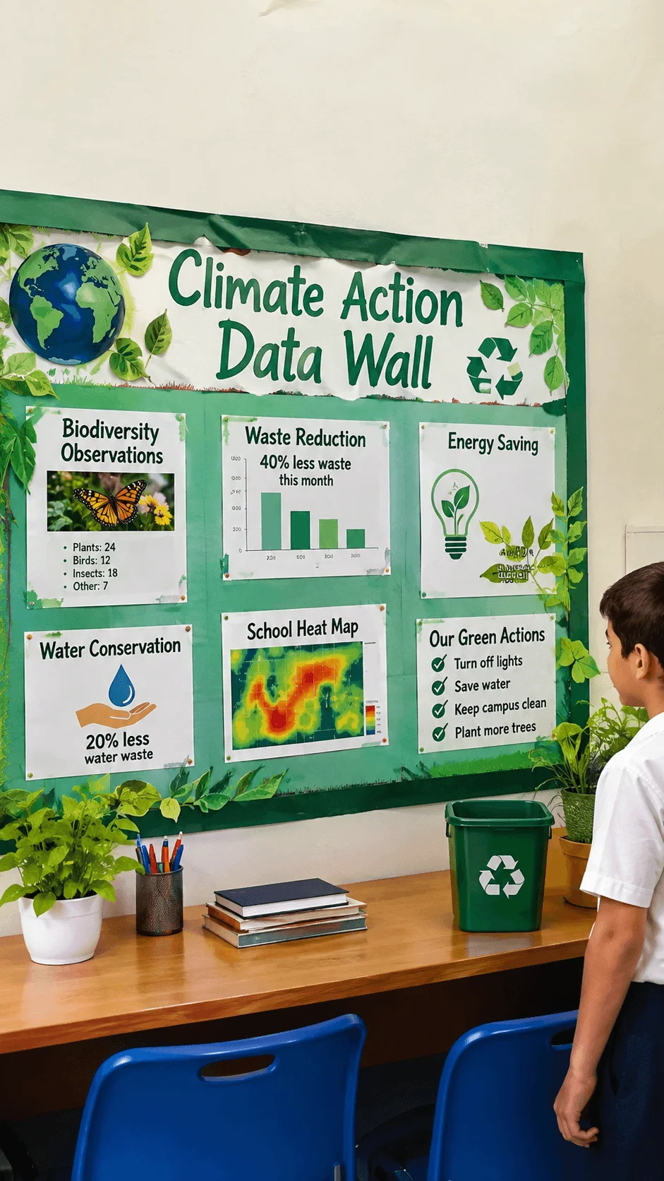 Student viewing a climate action data wall displaying biodiversity waste reduction energy saving water conservation and school heat map results