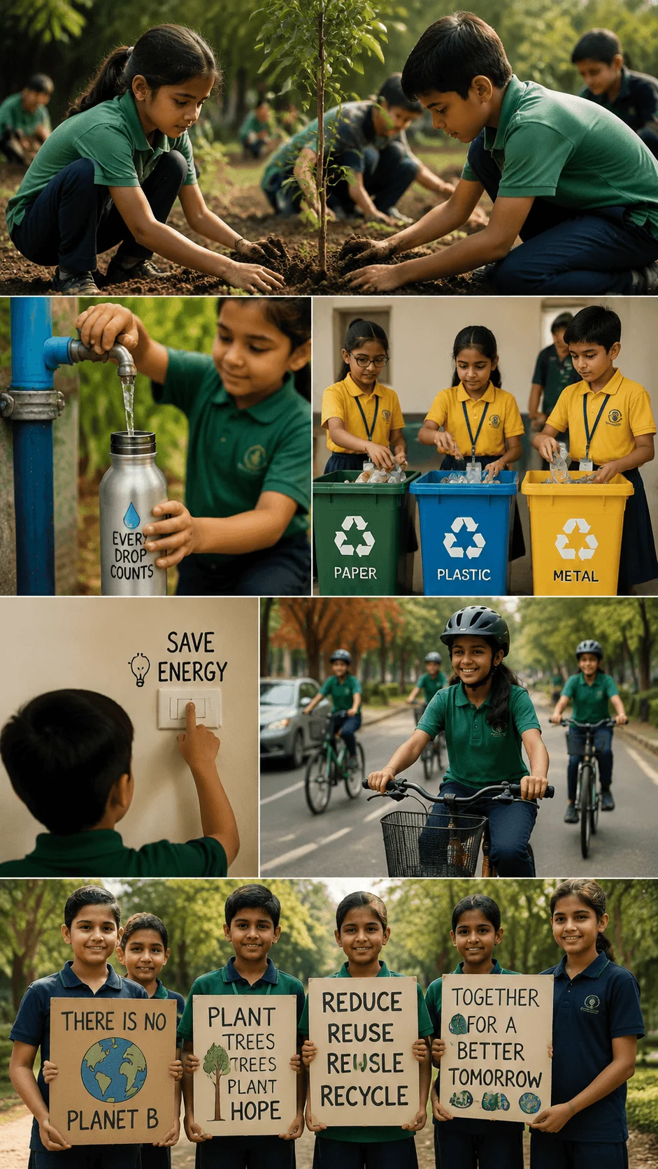 Students participating in climate awareness activities through tree planting recycling energy saving cycling and environmental education projects
