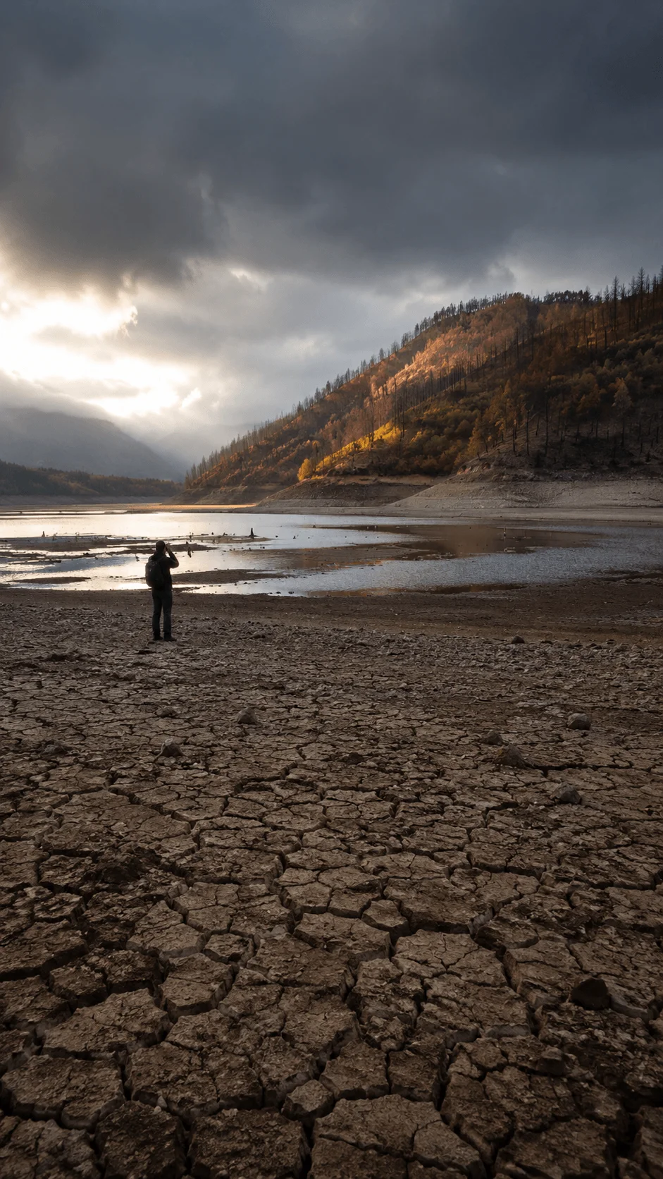 Climate change photography showing a photographer capturing a dry cracked landscape with a depleted lake and mountains under dramatic cloudy skies