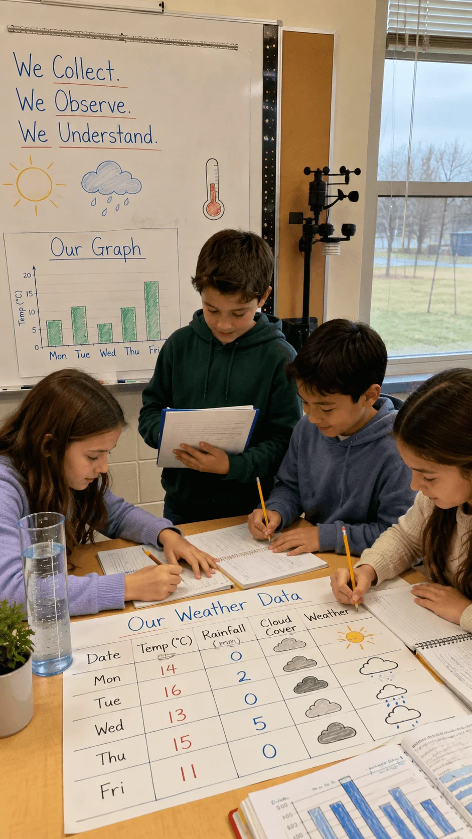 Students recording temperature rainfall and cloud observations during a classroom climate data project