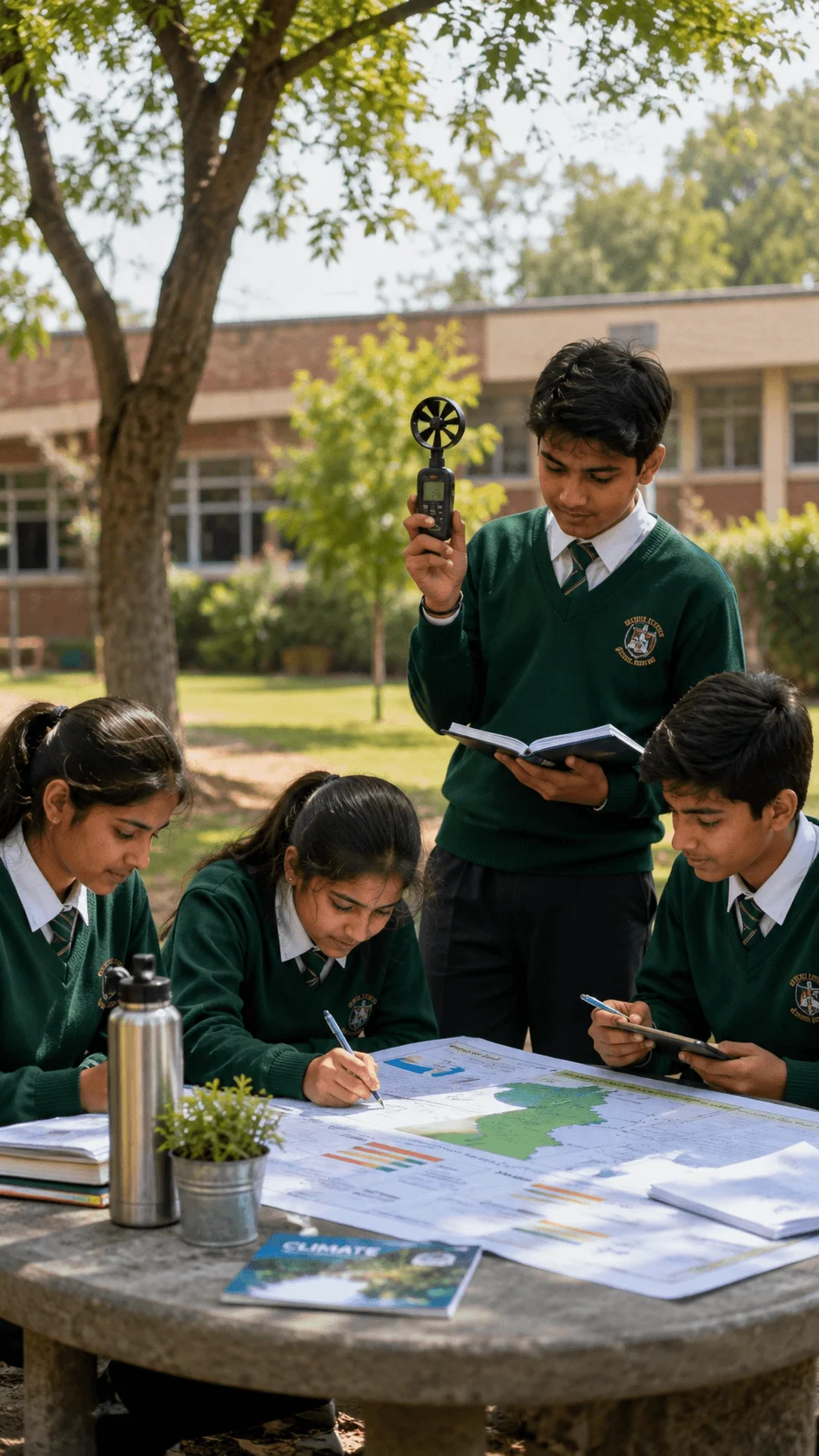 Students conducting a climate detective project by measuring outdoor conditions and recording environmental observations on their school campus