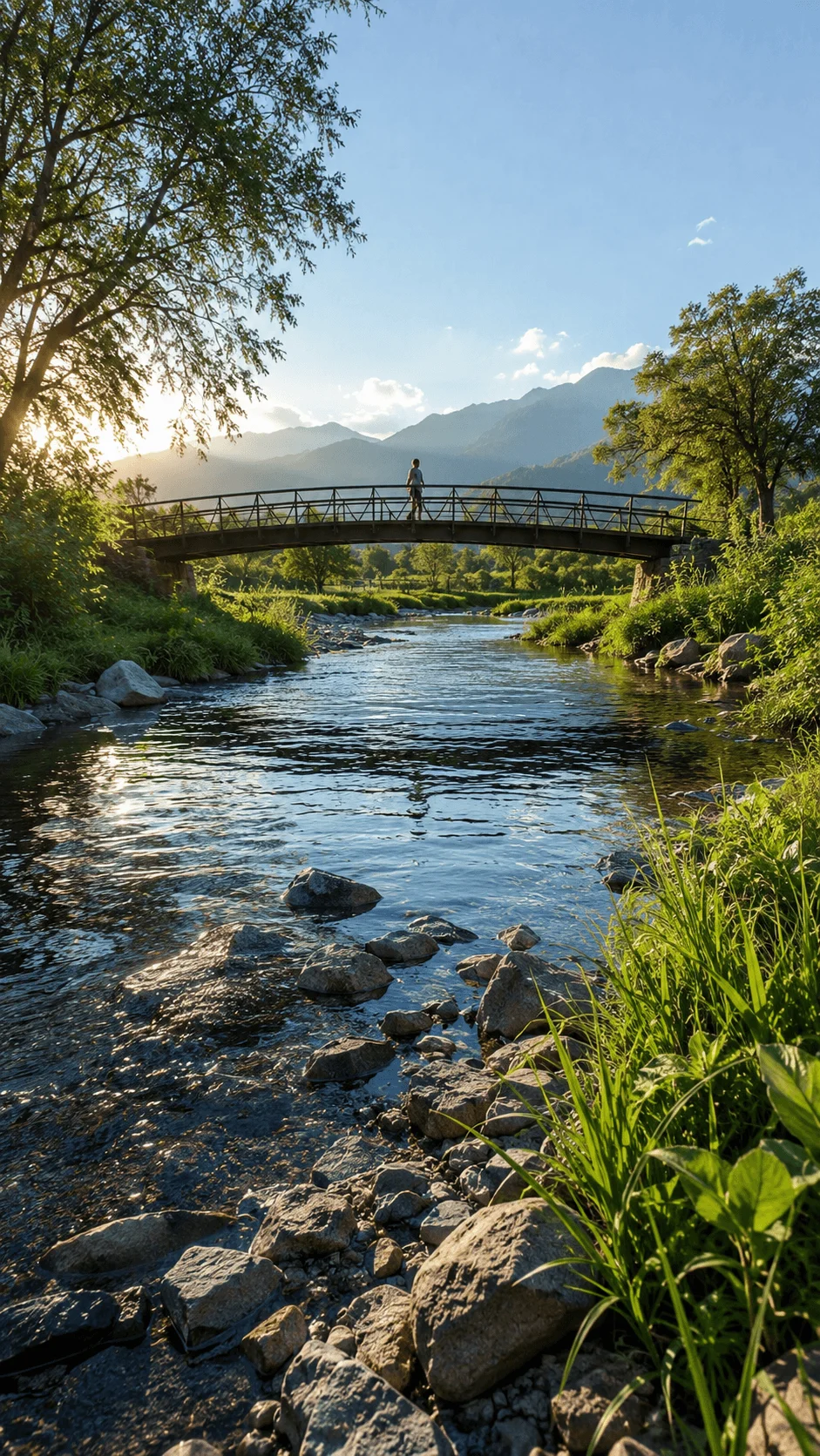 Person standing on a bridge above a clear river surrounded by lush greenery and mountains in warm sunlight