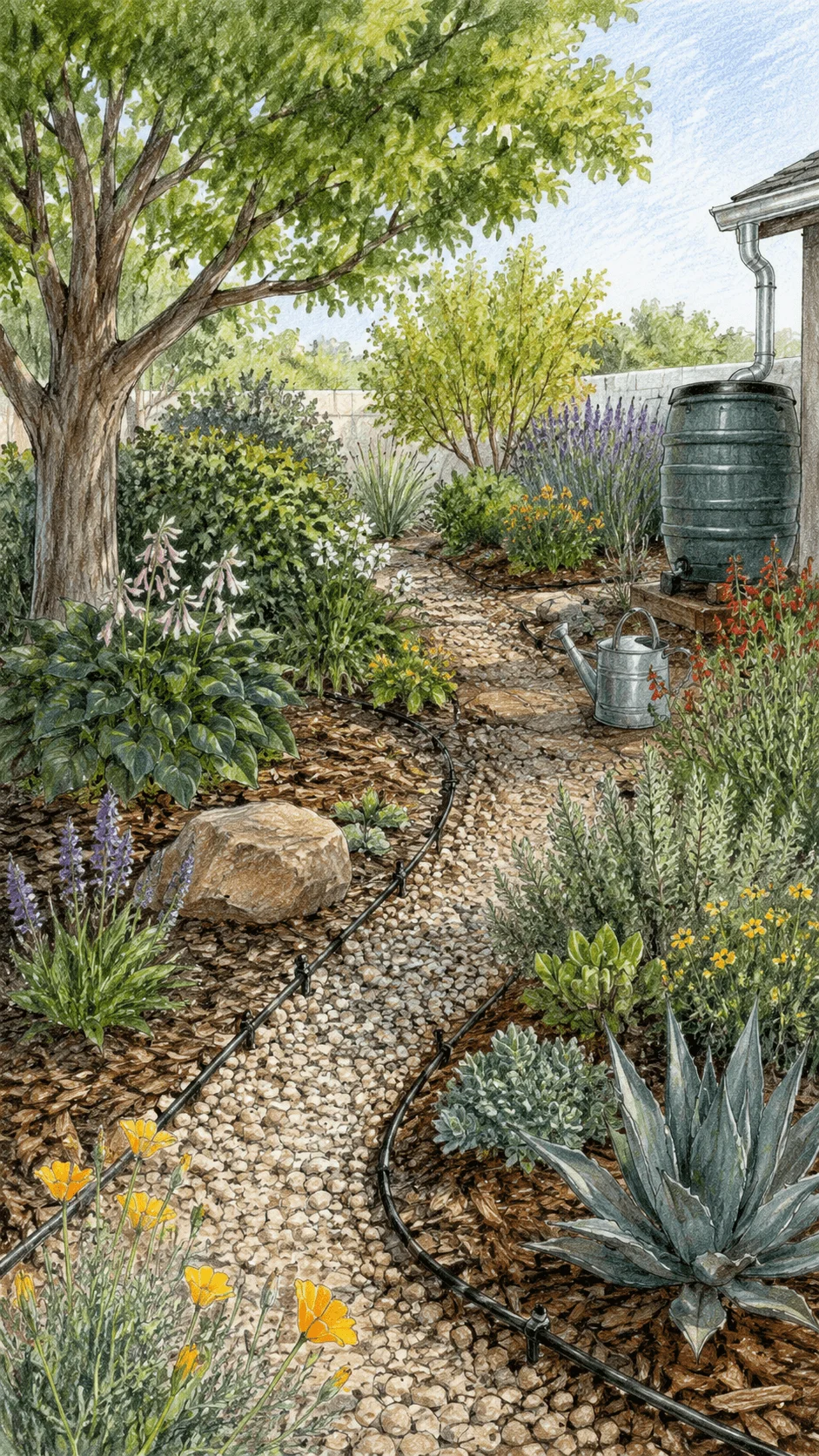 Climate resilient garden with drought tolerant plants, shade tree, mulch, gravel path, drip irrigation, rain barrel and colorful native flowers