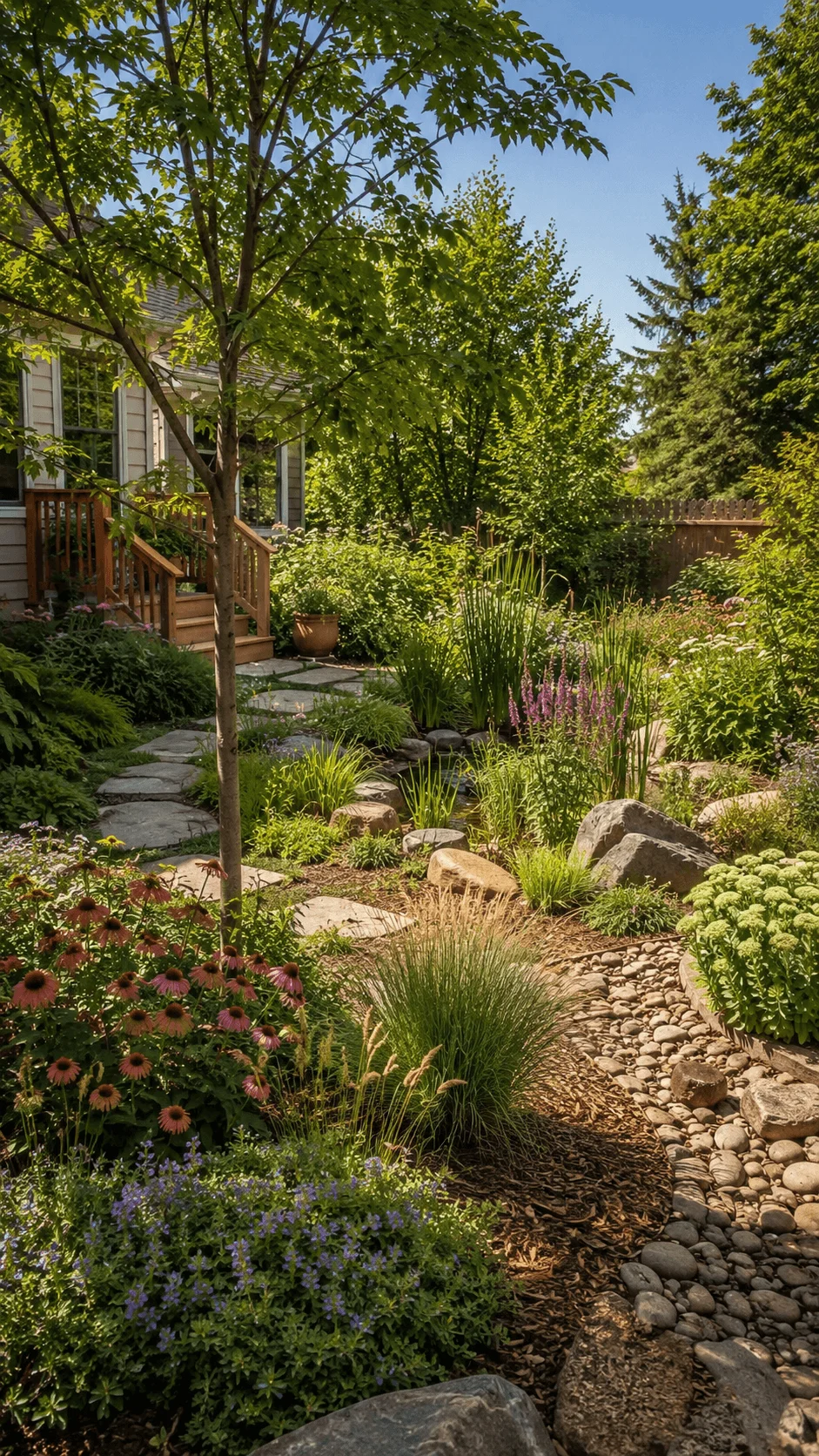 Climate resilient garden landscaping with native flowers ornamental grasses shade trees natural stone paths and a dry creek bed