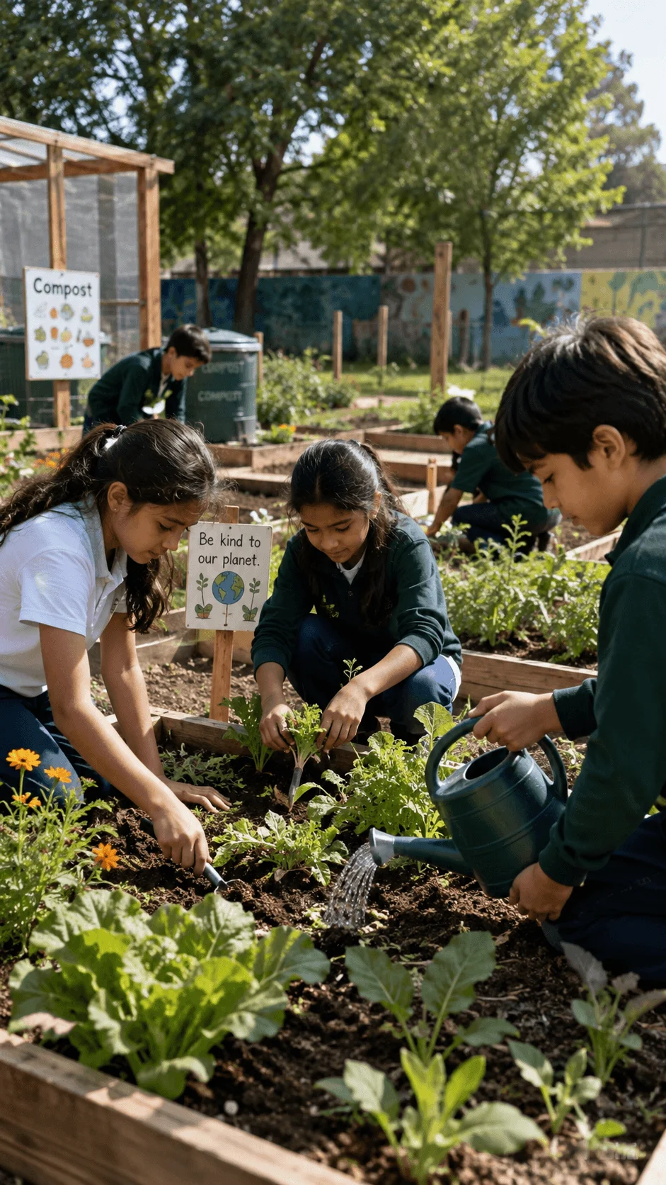 Students working together in a climate smart school garden by planting vegetables, watering crops, and learning about composting and sustainability