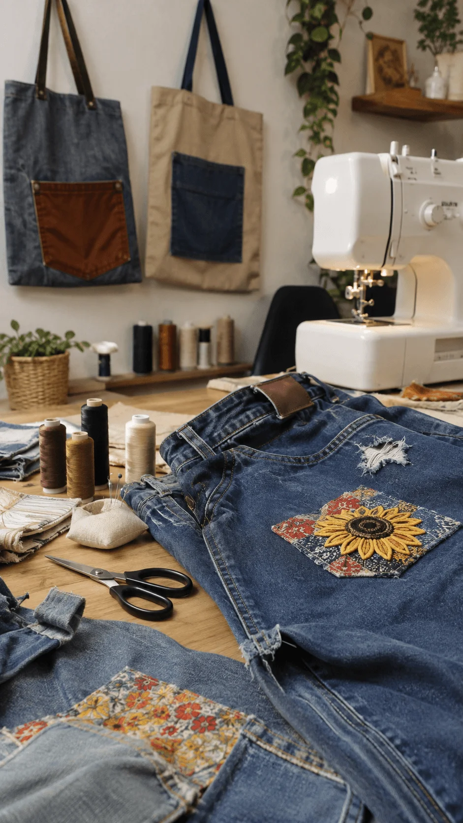 Clothing repair and upcycling business with patched denim jeans sewing machine thread and handmade reusable tote bags