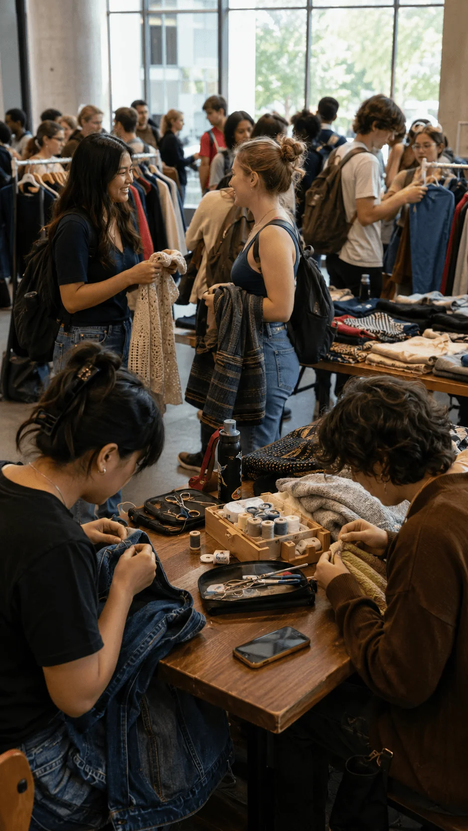 College students participating in a clothing swap and repair event by exchanging secondhand clothes and mending garments together