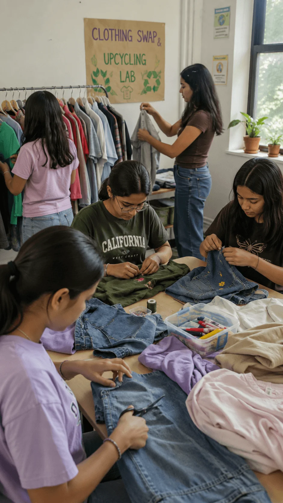 Students participating in a clothing swap and upcycling activity by repairing customizing and reusing old clothes