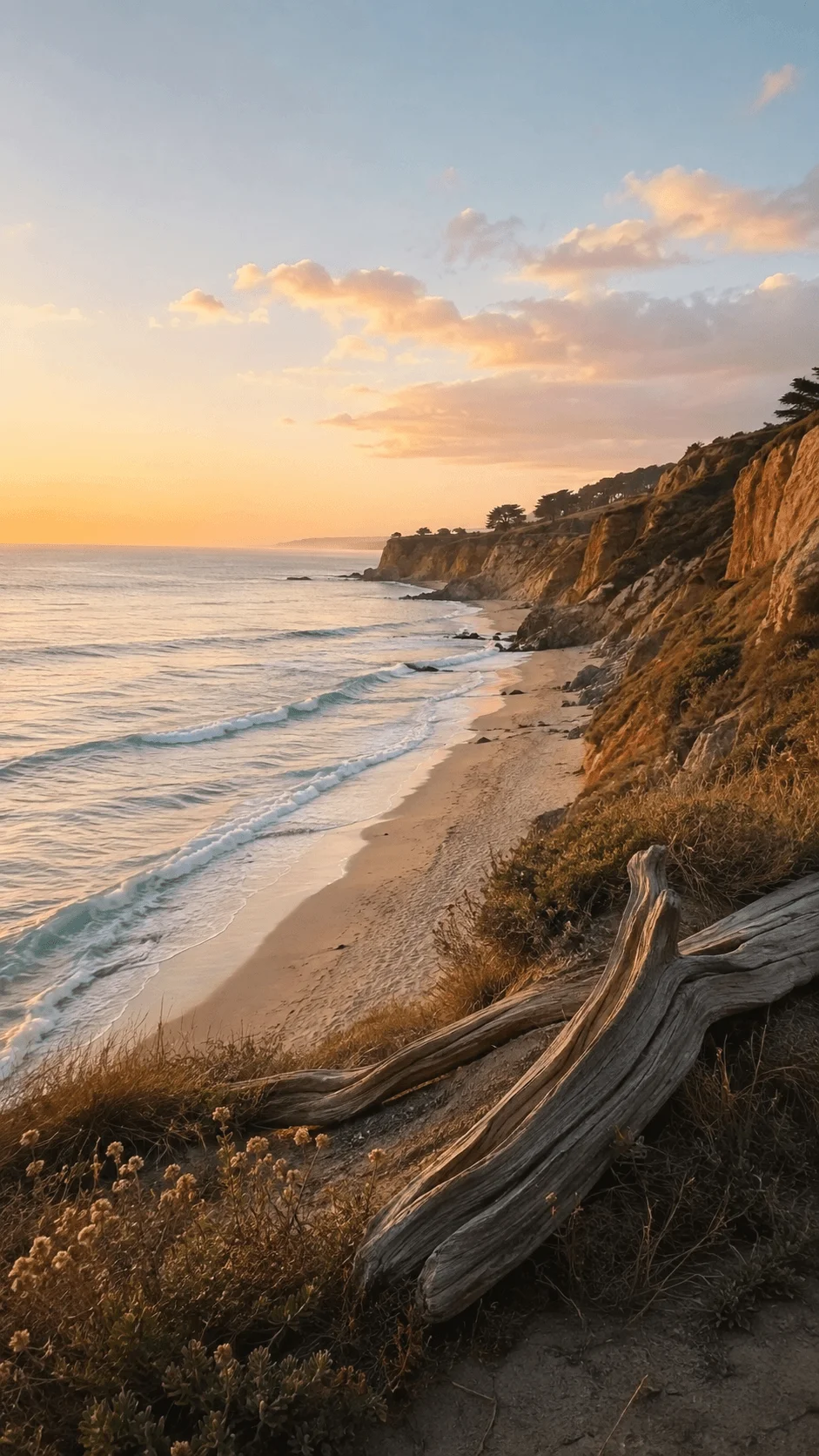 Coastal landscape with gentle ocean waves, sandy beach, rugged cliffs, weathered driftwood, and warm golden sunset light