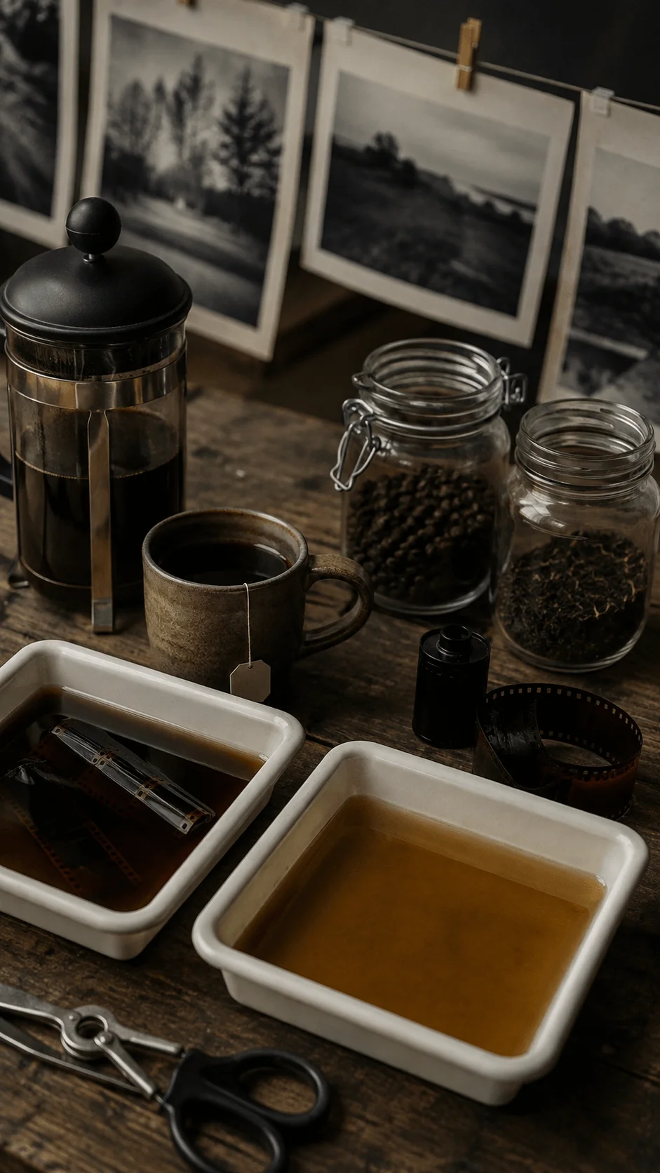 Coffee and tea based film development with film negatives, developing trays, jars of coffee and tea, and black and white photographs