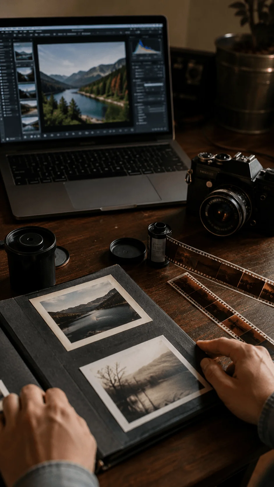 Analog and digital photography setup with a vintage camera, film negatives, printed photographs, and a laptop displaying digital photo editing