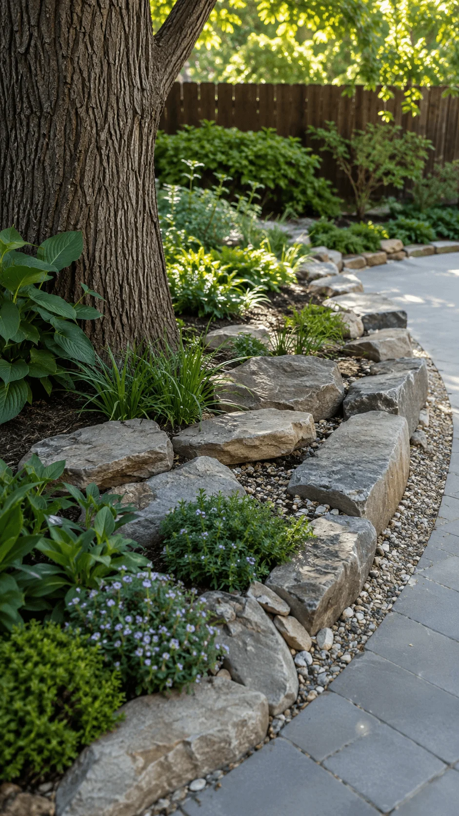 Natural stone landscaping around a mature tree with living plants ornamental grasses groundcover gravel and a paved garden path