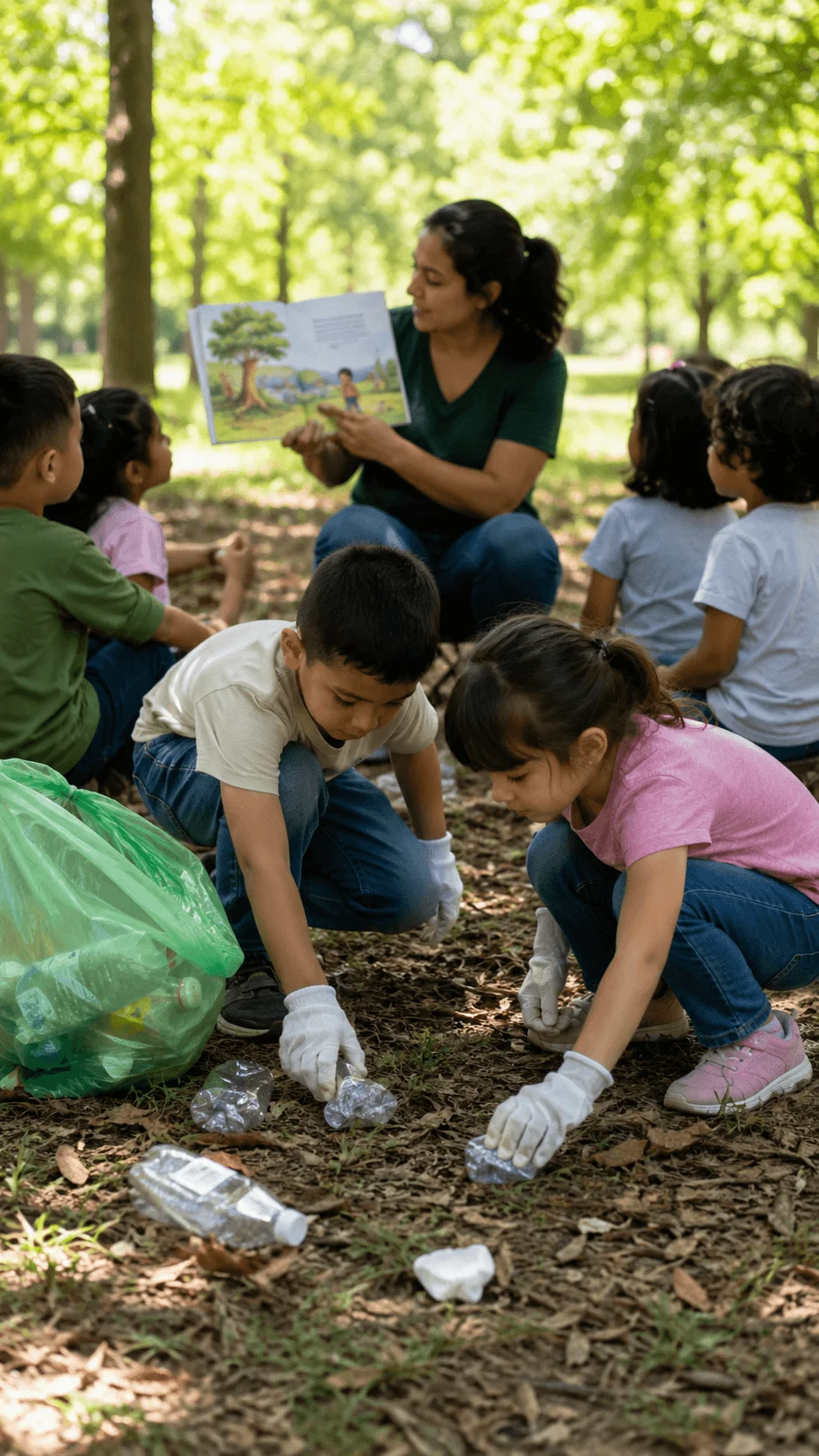Children combining a nature story with an outdoor cleanup activity while collecting litter in a forest with their teacher