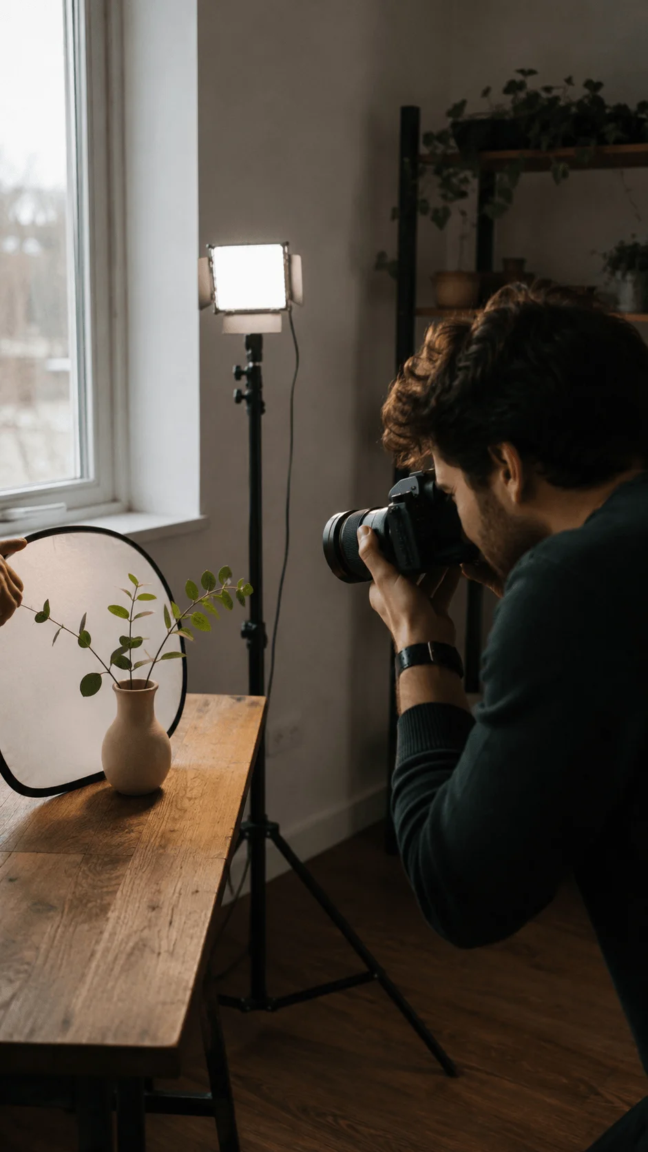 Combining natural light with efficient artificial lighting in a photography setup featuring a photographer, LED light, reflector, window light, and a vase on a wooden table