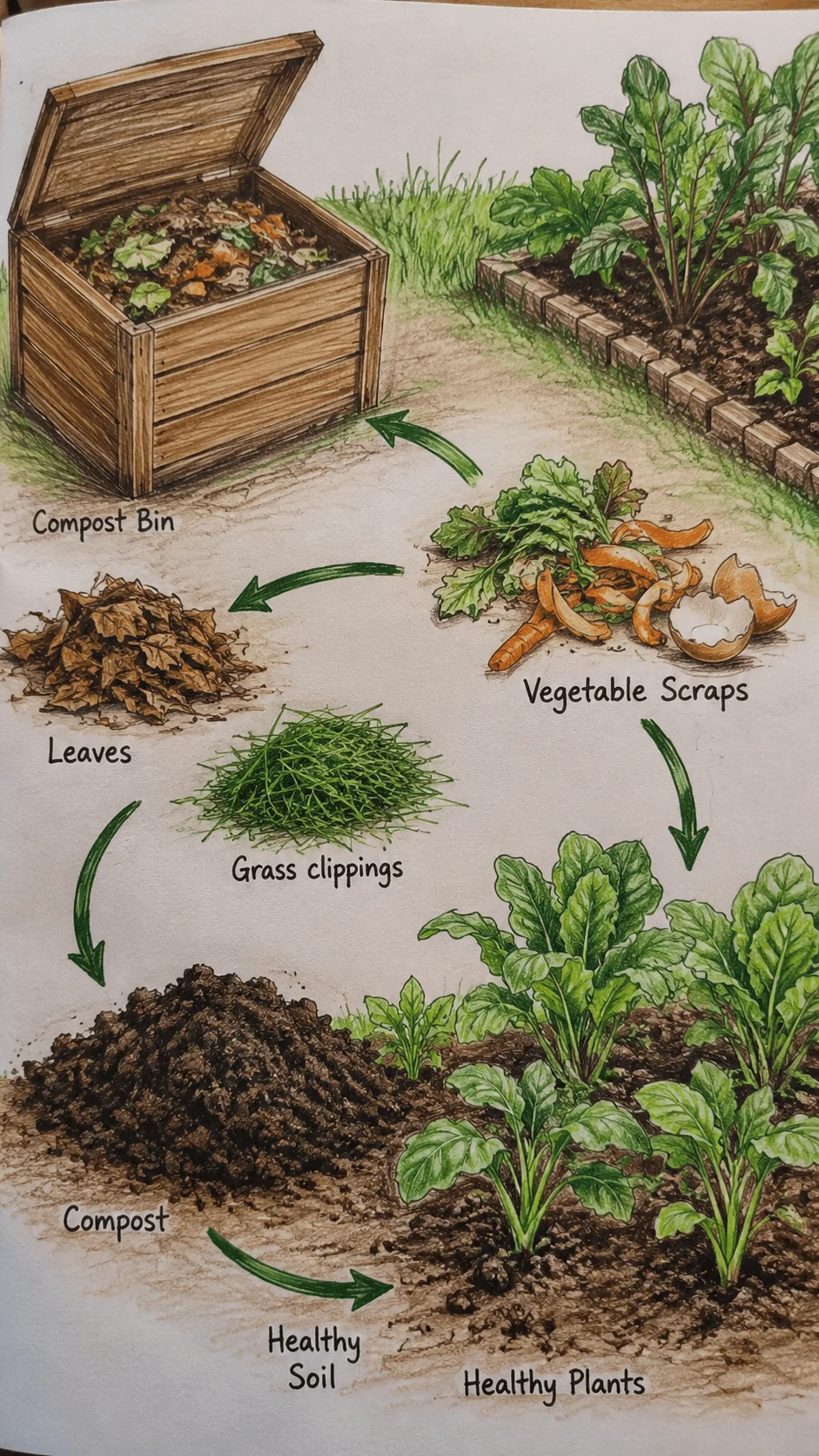 Compost garden drawing showing vegetable scraps leaves grass clippings compost healthy soil and thriving green plants