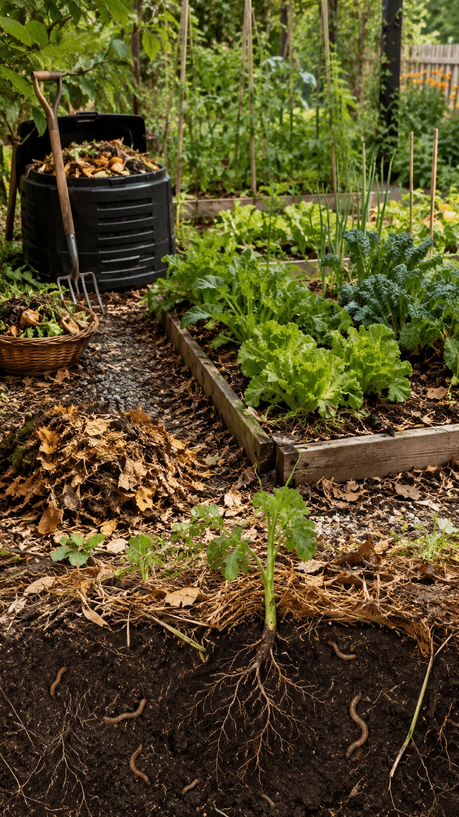 Compost and no dig garden with raised vegetable beds, organic mulch, compost bin, fallen leaves, garden fork, healthy soil, plant roots and earthworms